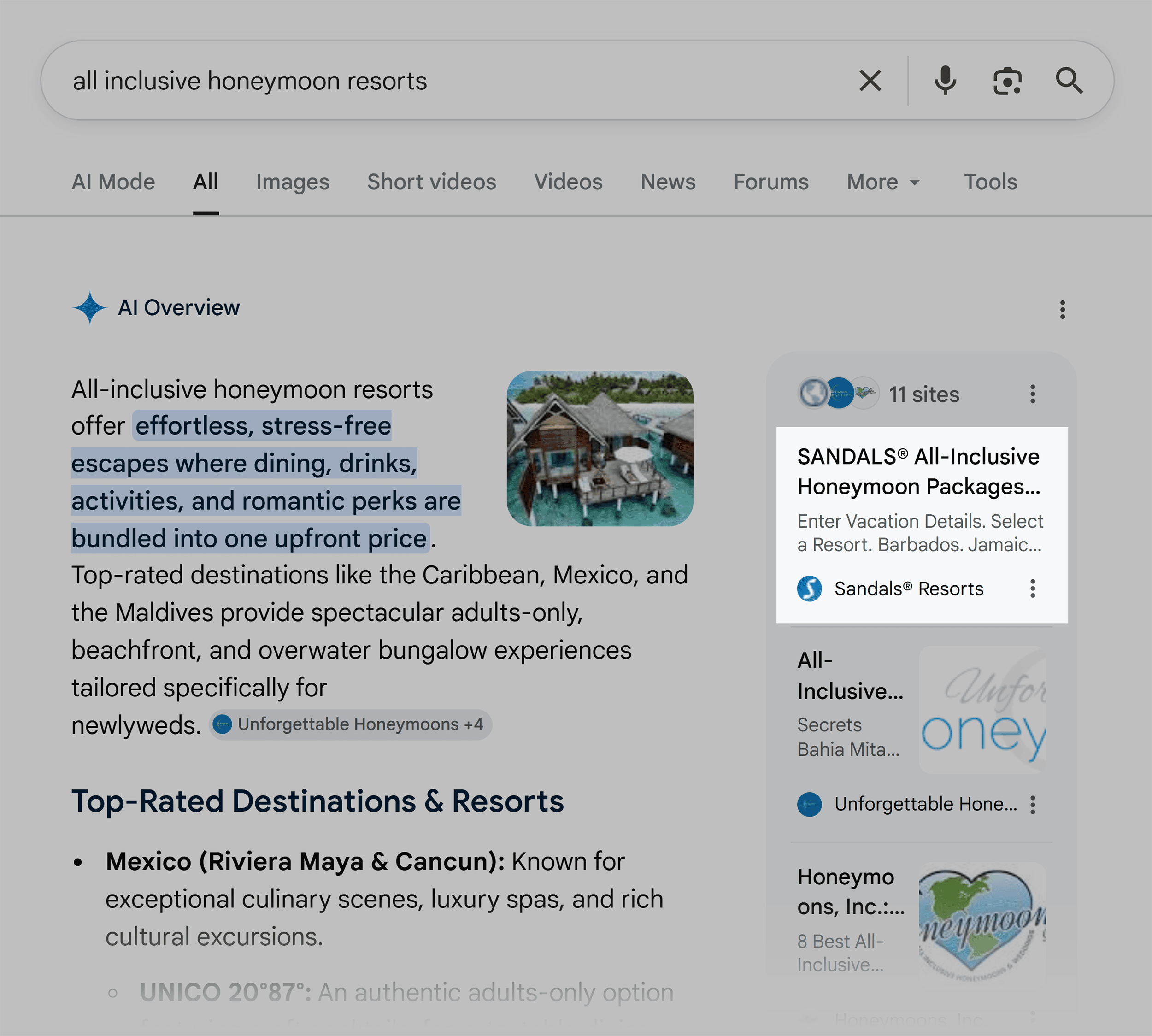 Google SERP &ndash; Honeymoon resorts &ndash; AI Overview