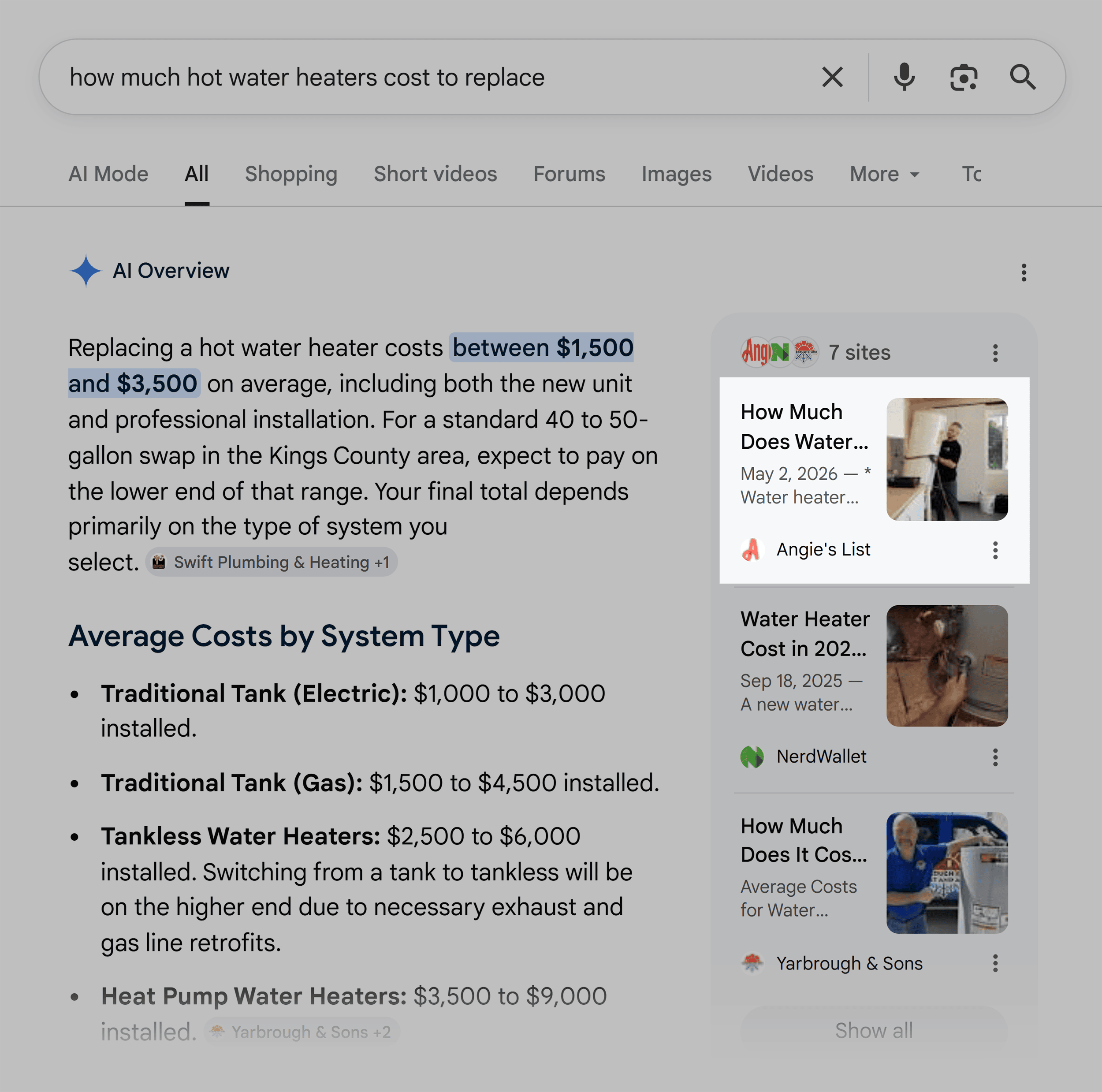 Google SERP &ndash; Water heater replacement cost &ndash; AI Overview