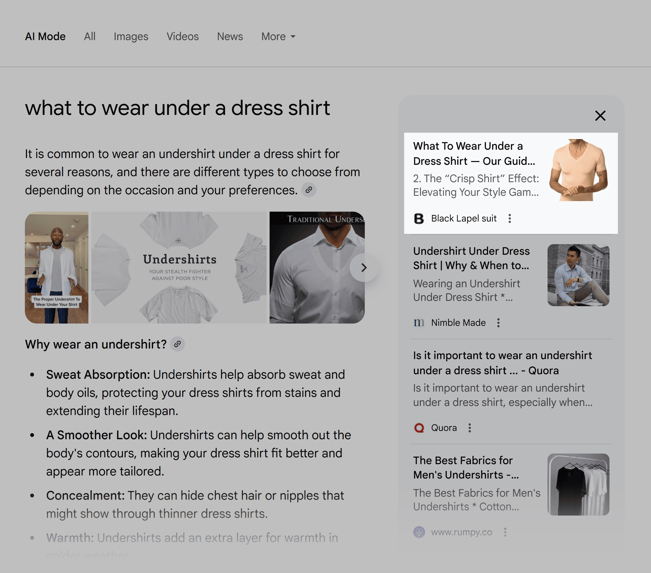 Google SERP &ndash; What to wear under a dress shirt &ndash; AI Mode