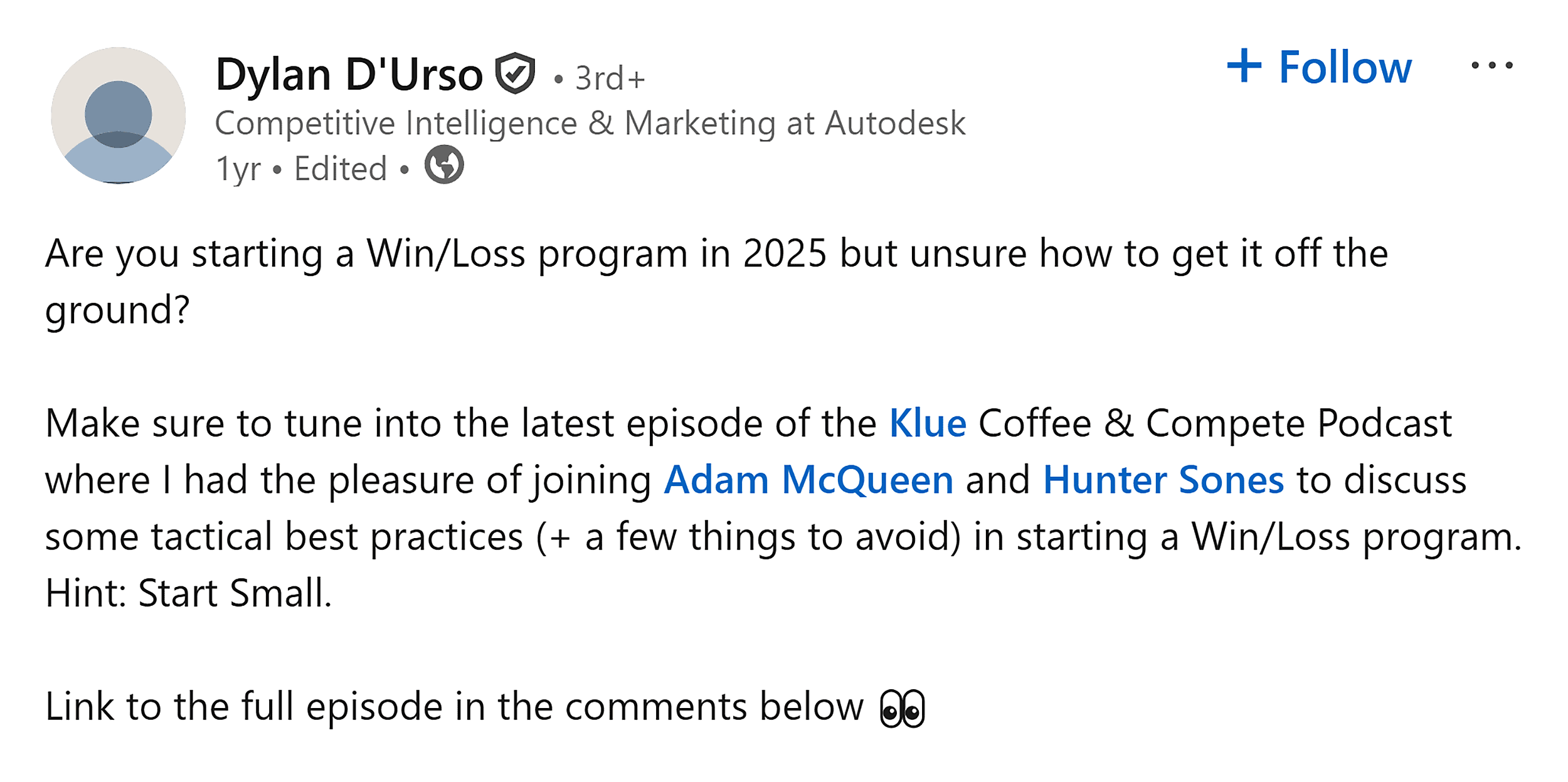 LinkedIn – Dylan D’Urso post LinkedIn – Dylan D'Urso post