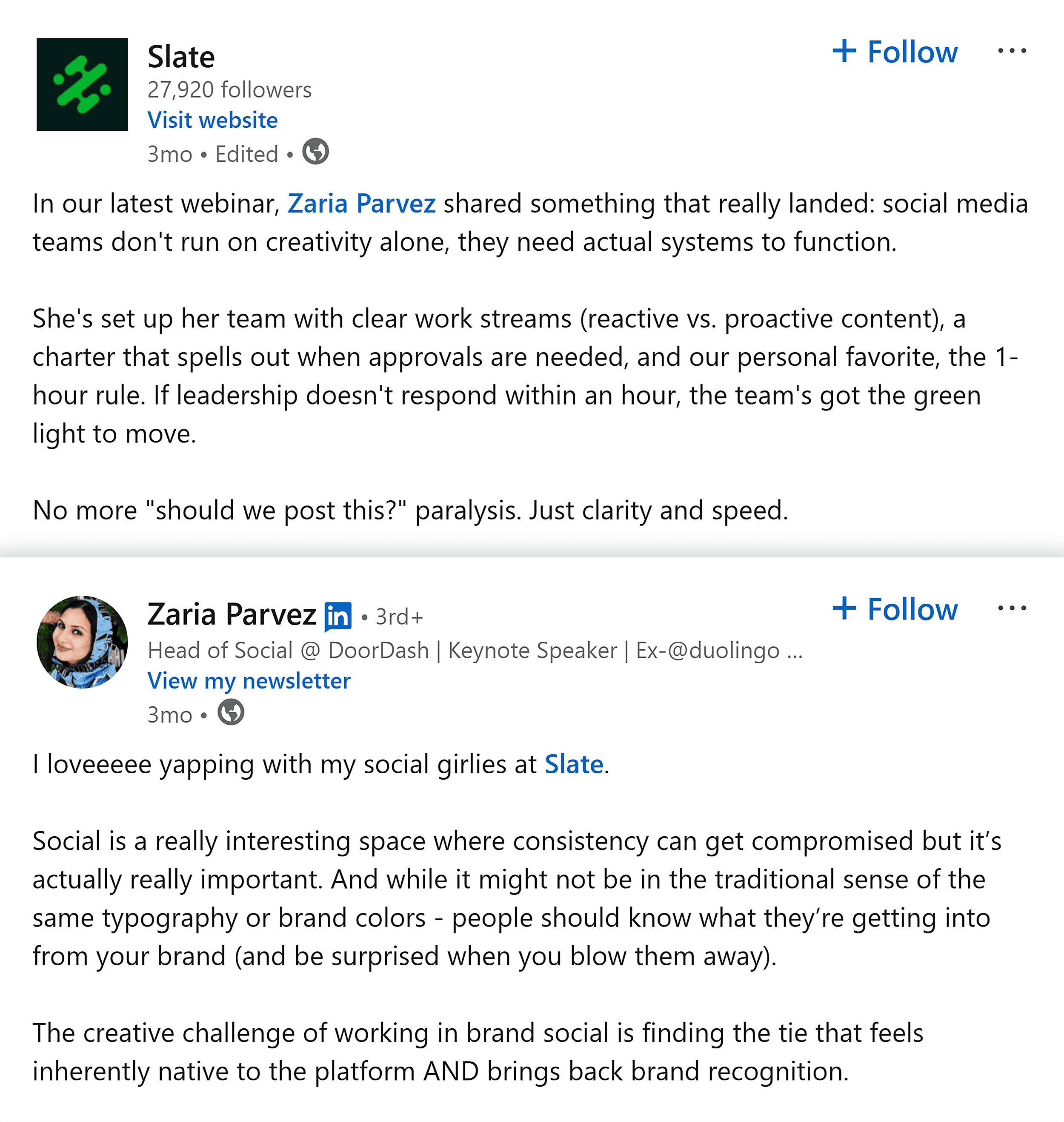 LinkedIn – Zaria Parvez & Slate collaboration LinkedIn – Zaria Parvez & Slate collaboration