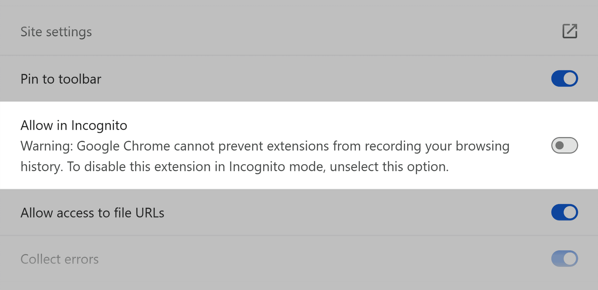 Chrome extension settings &ndash; Allow in incognito