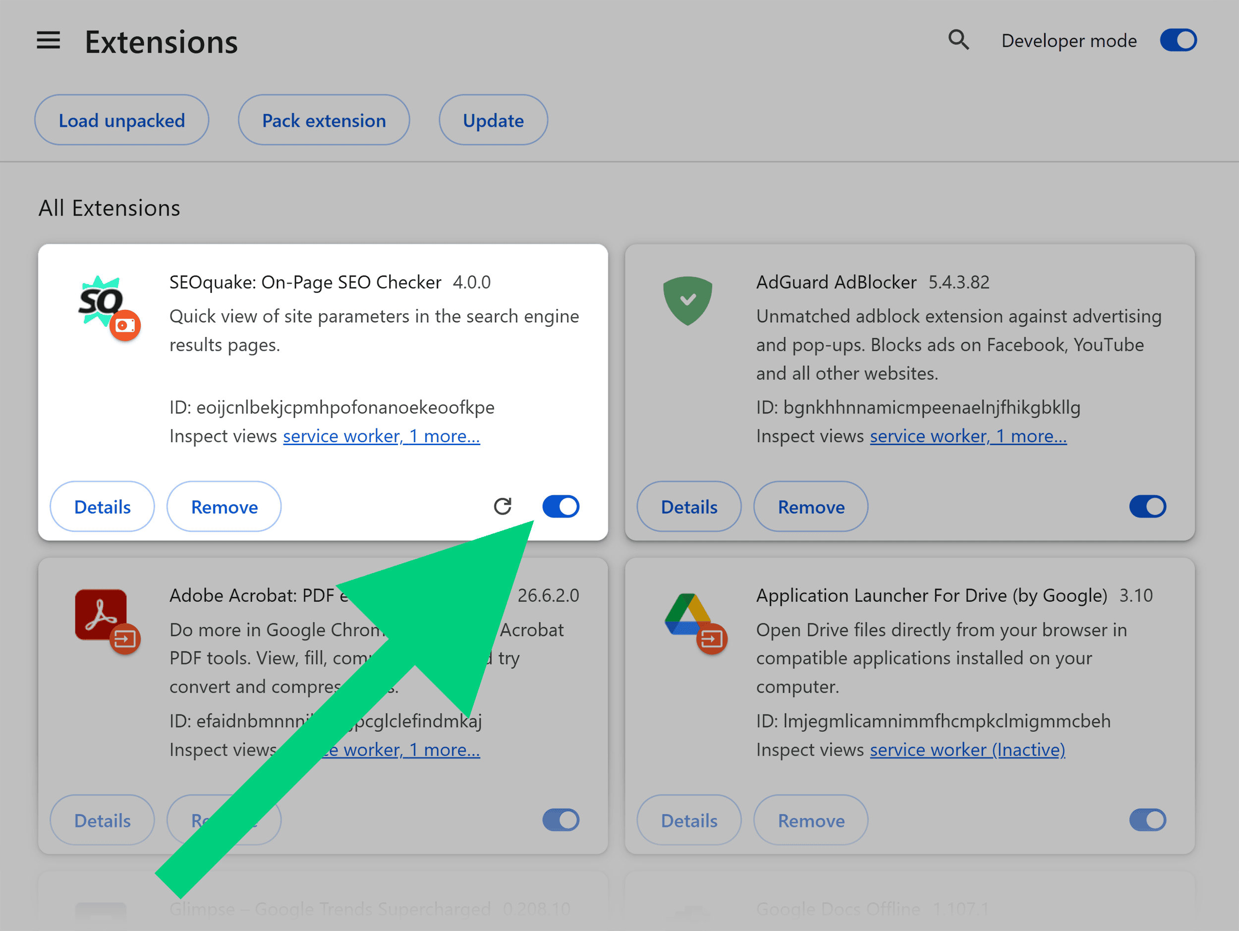 Chrome extensions &ndash; SEOQuake &ndash; Toggle