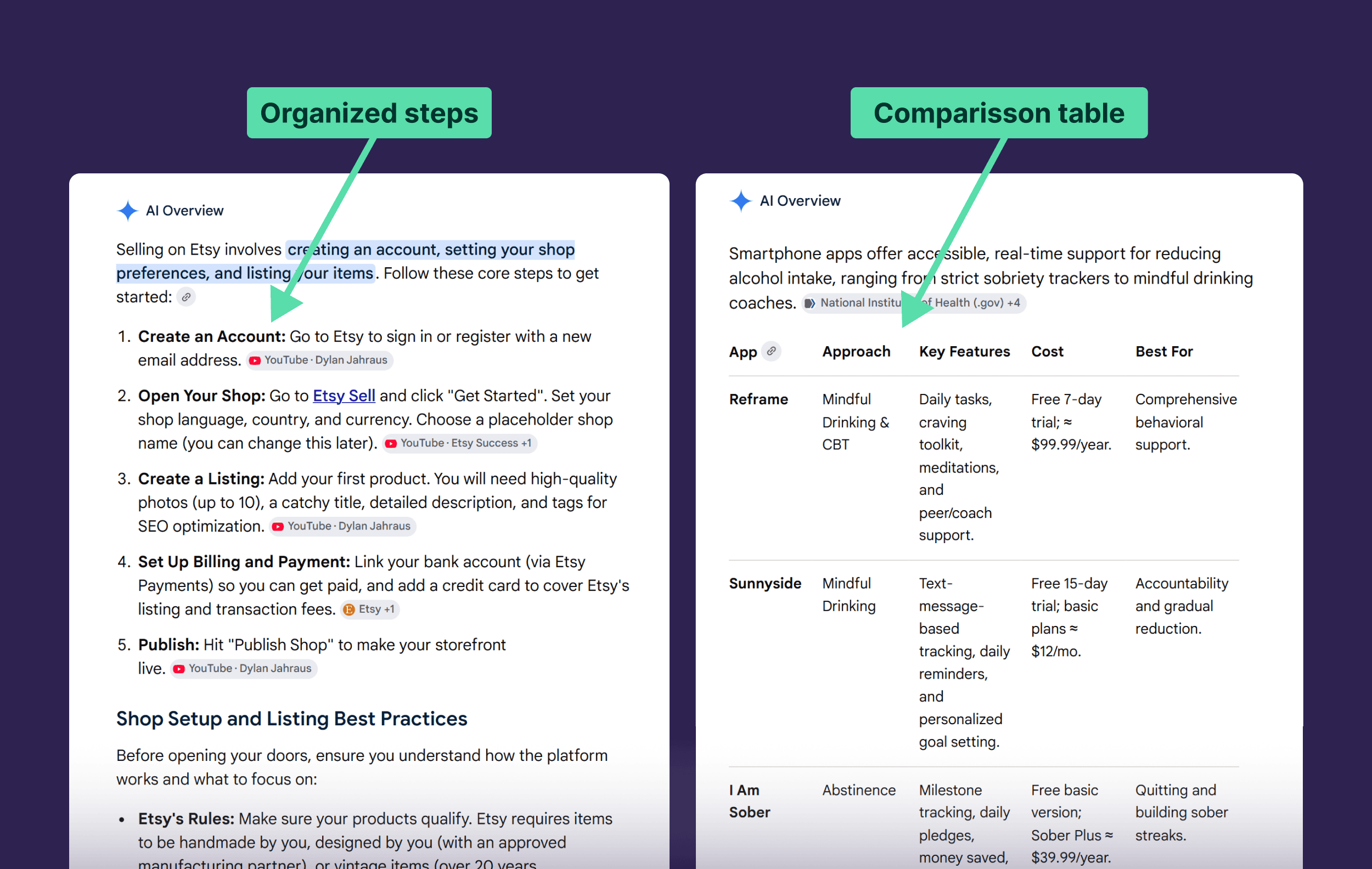 Different AI Overviews elements