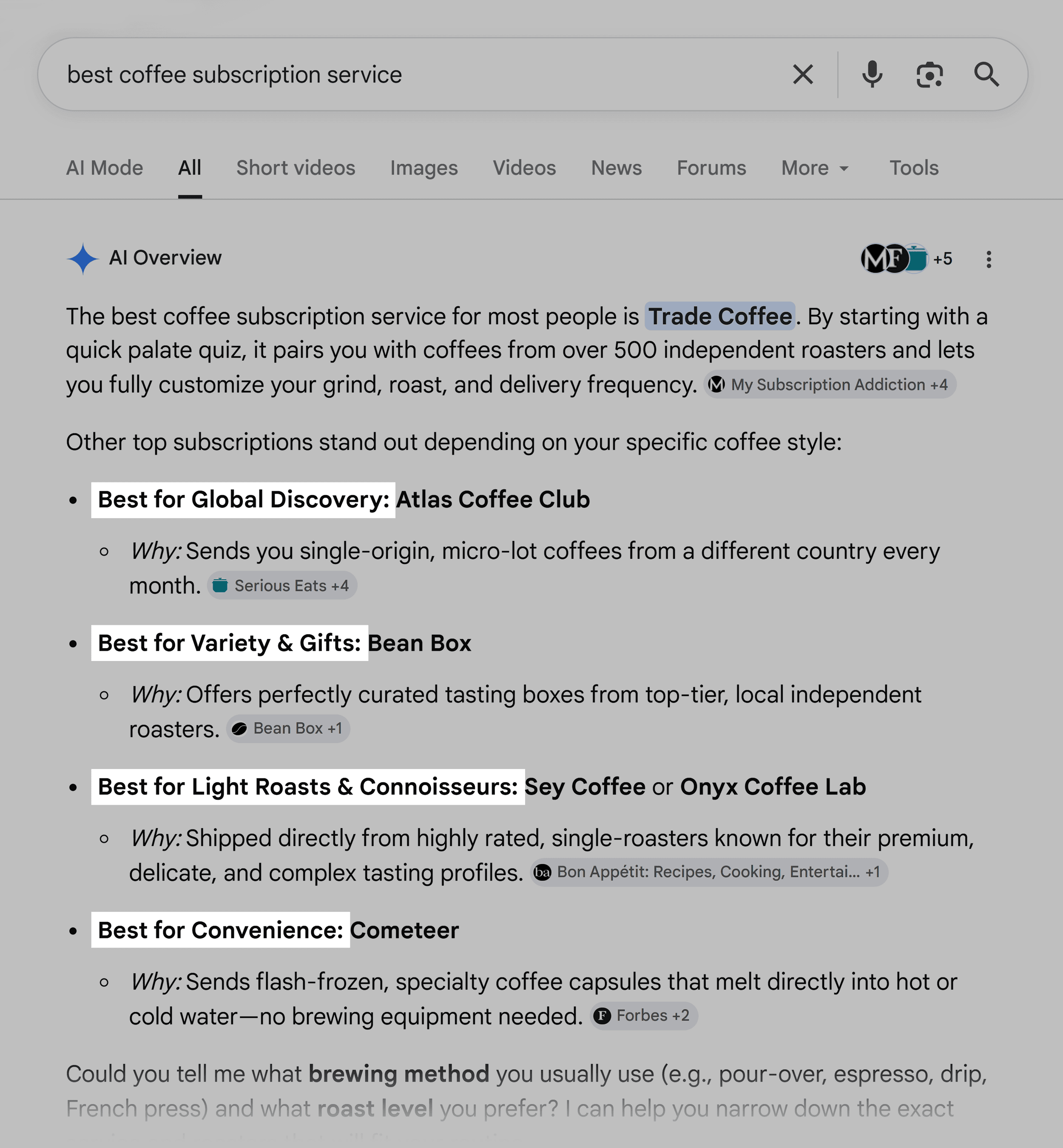 Google SERP &ndash; Best coffee subscription service &ndash; AI Overview