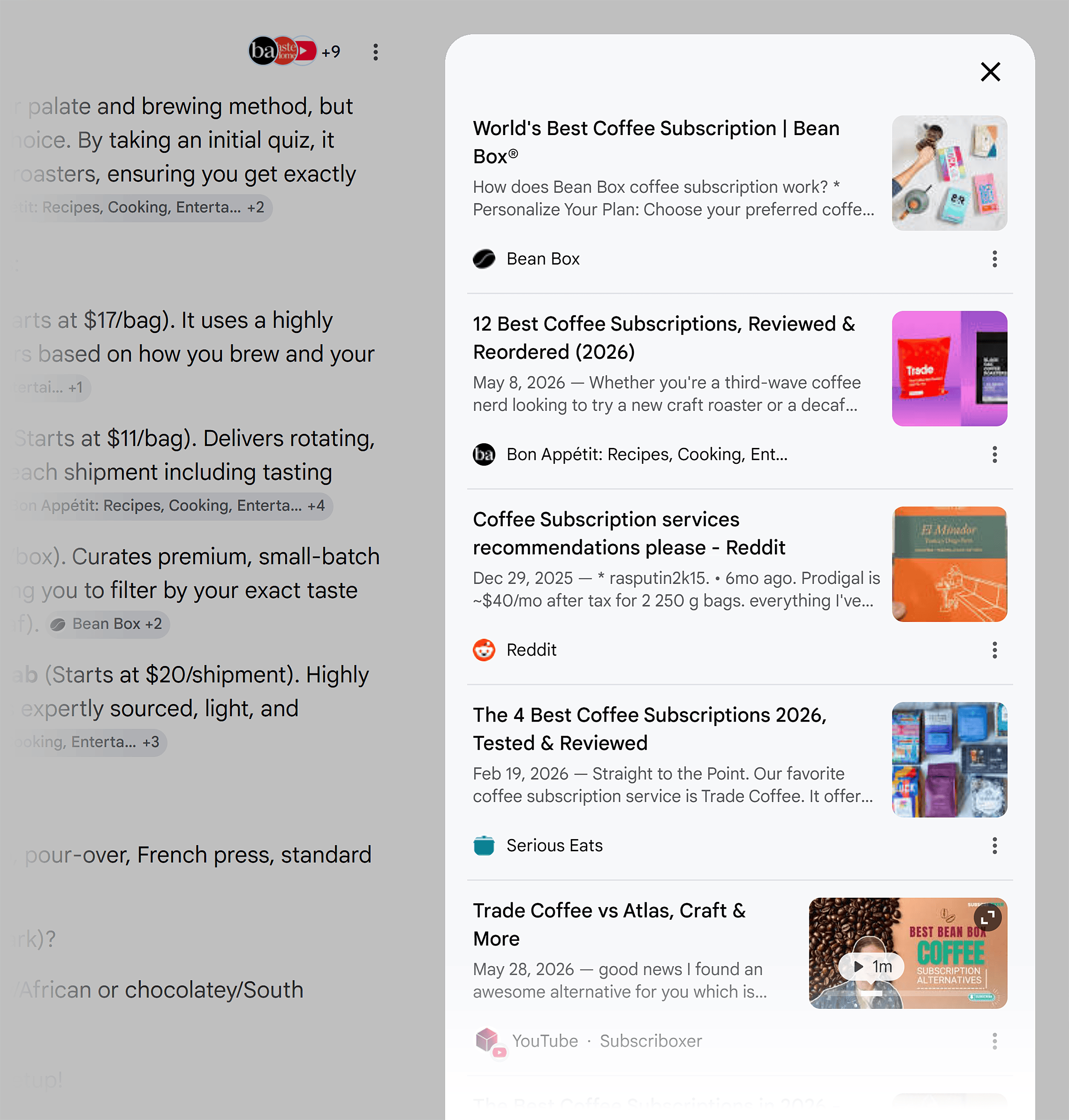 Google SERP &ndash; Best coffee subscriptions &ndash; AI Overview &ndash; Sources