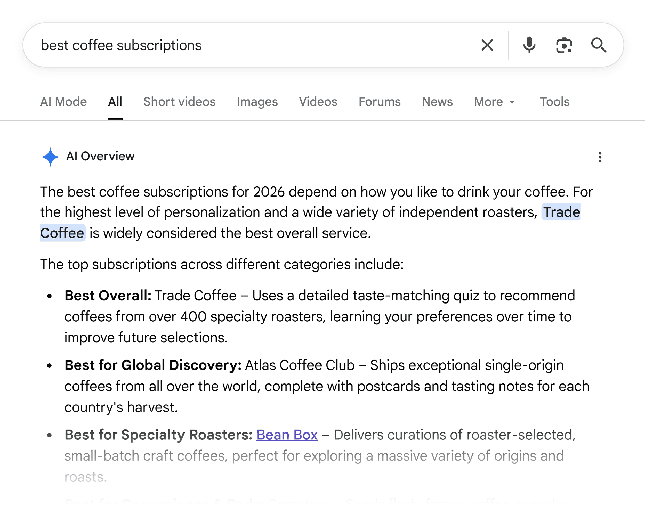 Google SERP &ndash; Best coffee subscriptions &ndash; AI Overview