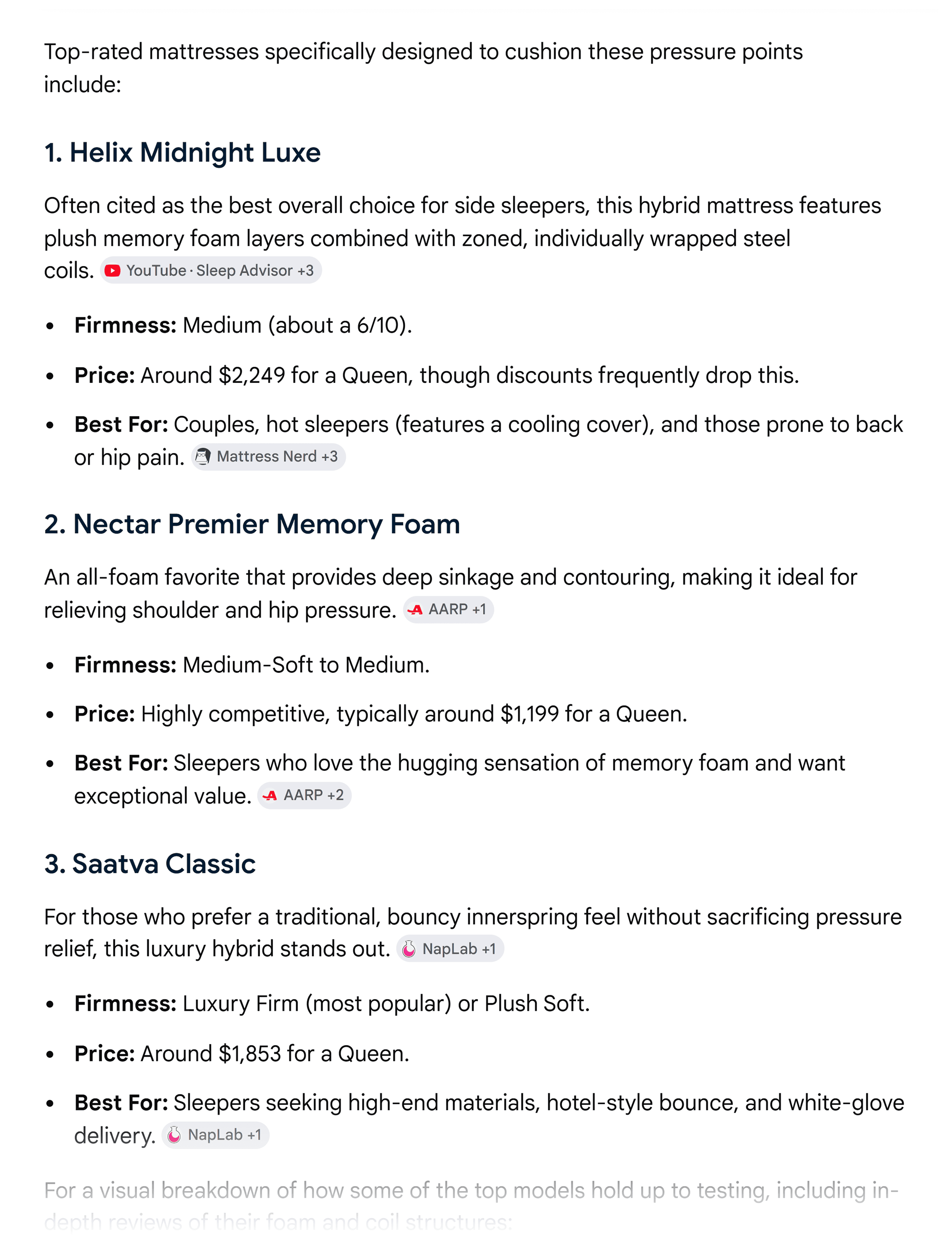 Google SERP &ndash; Best side sleeper mattress &ndash; AI Overview