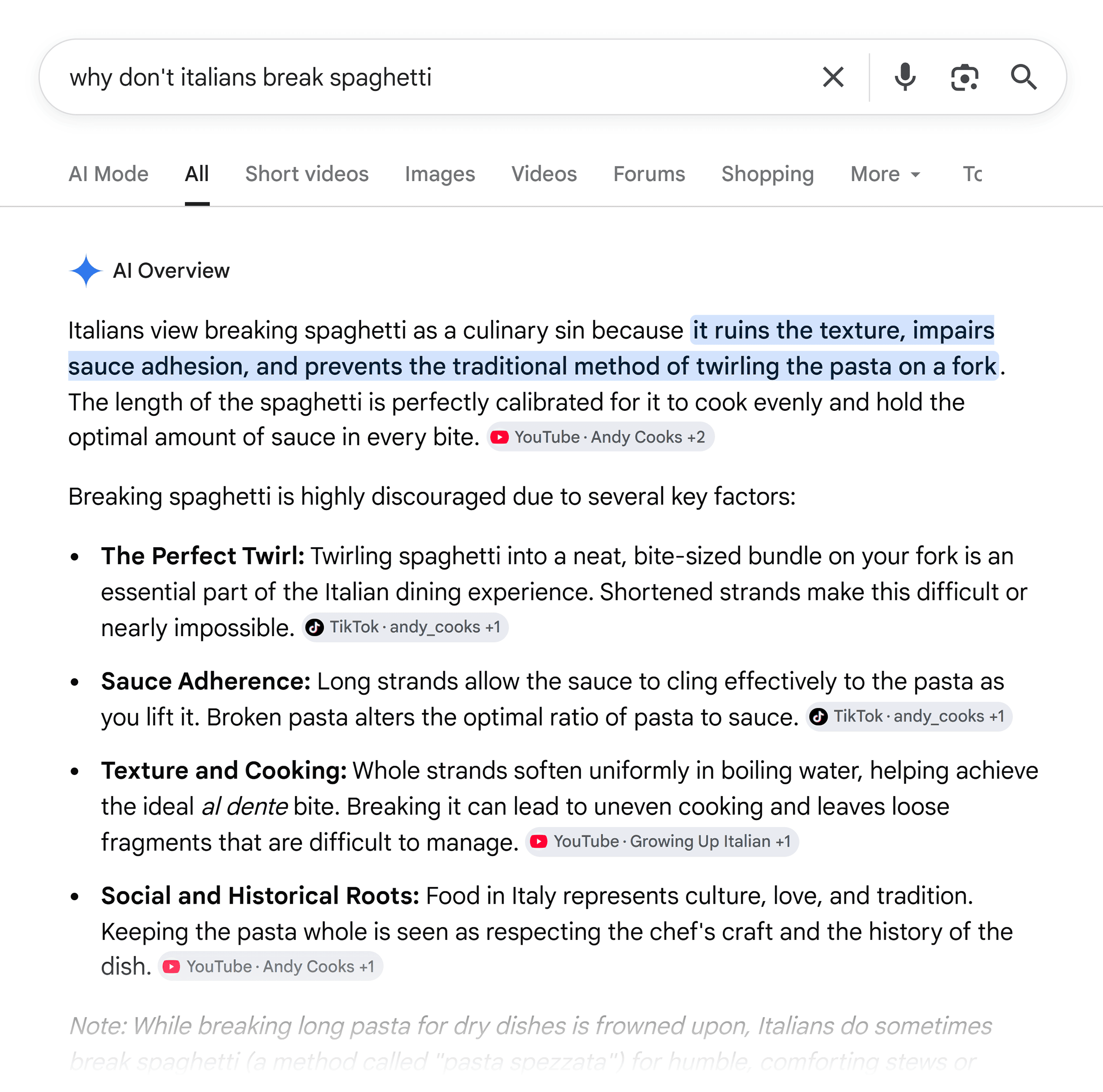Google SERP &ndash; Breaking spaghetti &ndash; AI Overview