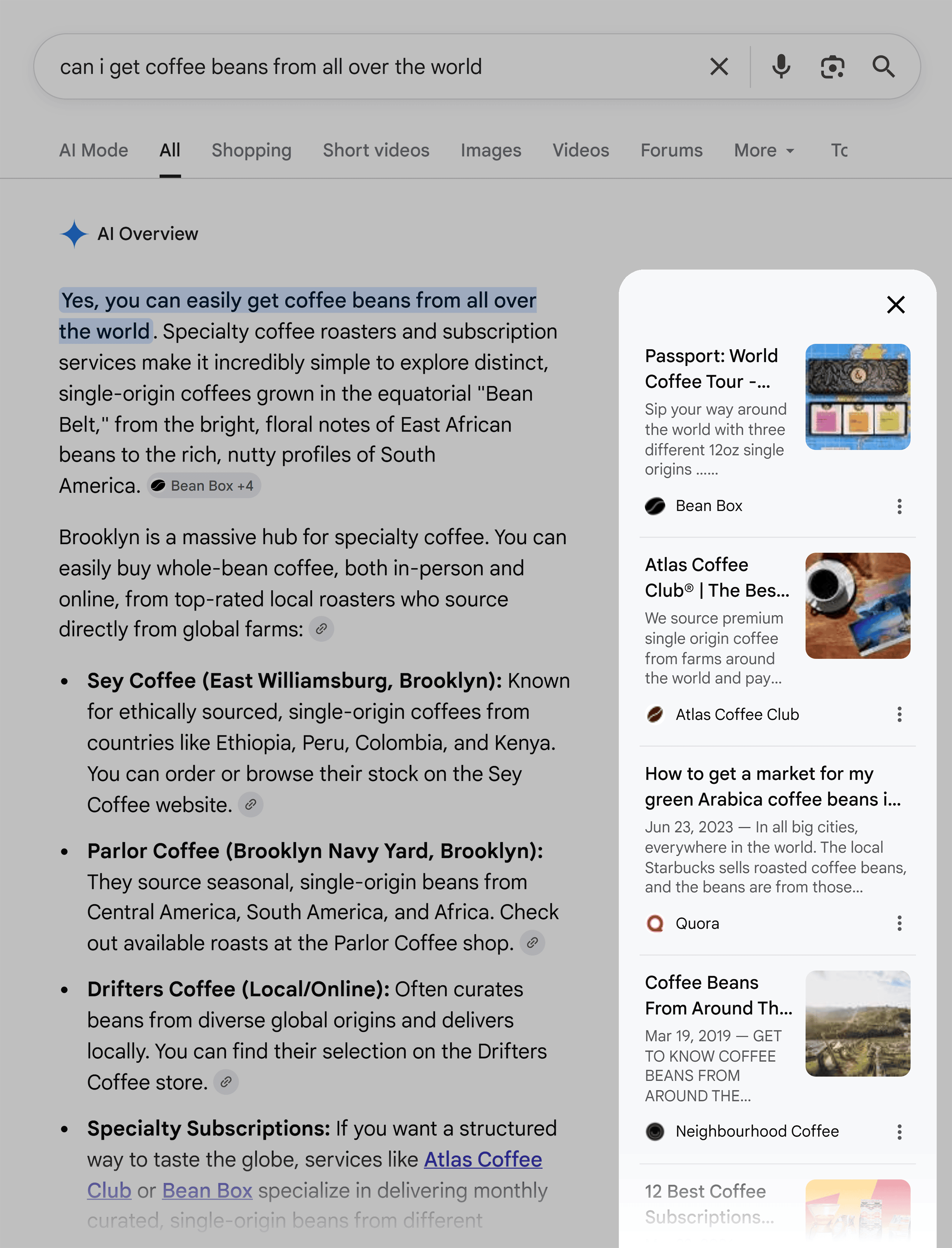 Google SERP &ndash; Coffee beans &ndash; AI Overview