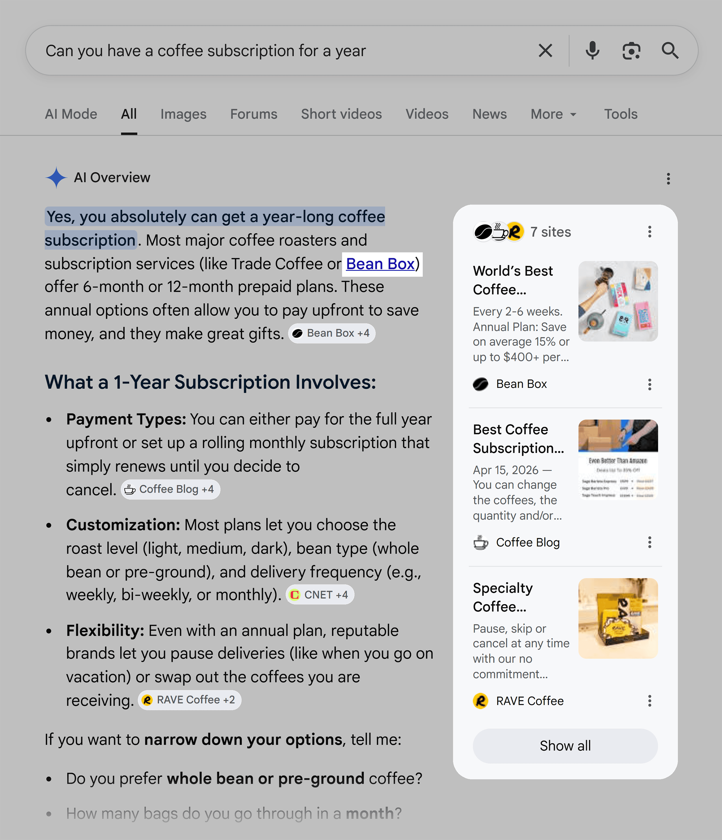 Google SERP &ndash; Yearly coffee subscription &ndash; AI Overview