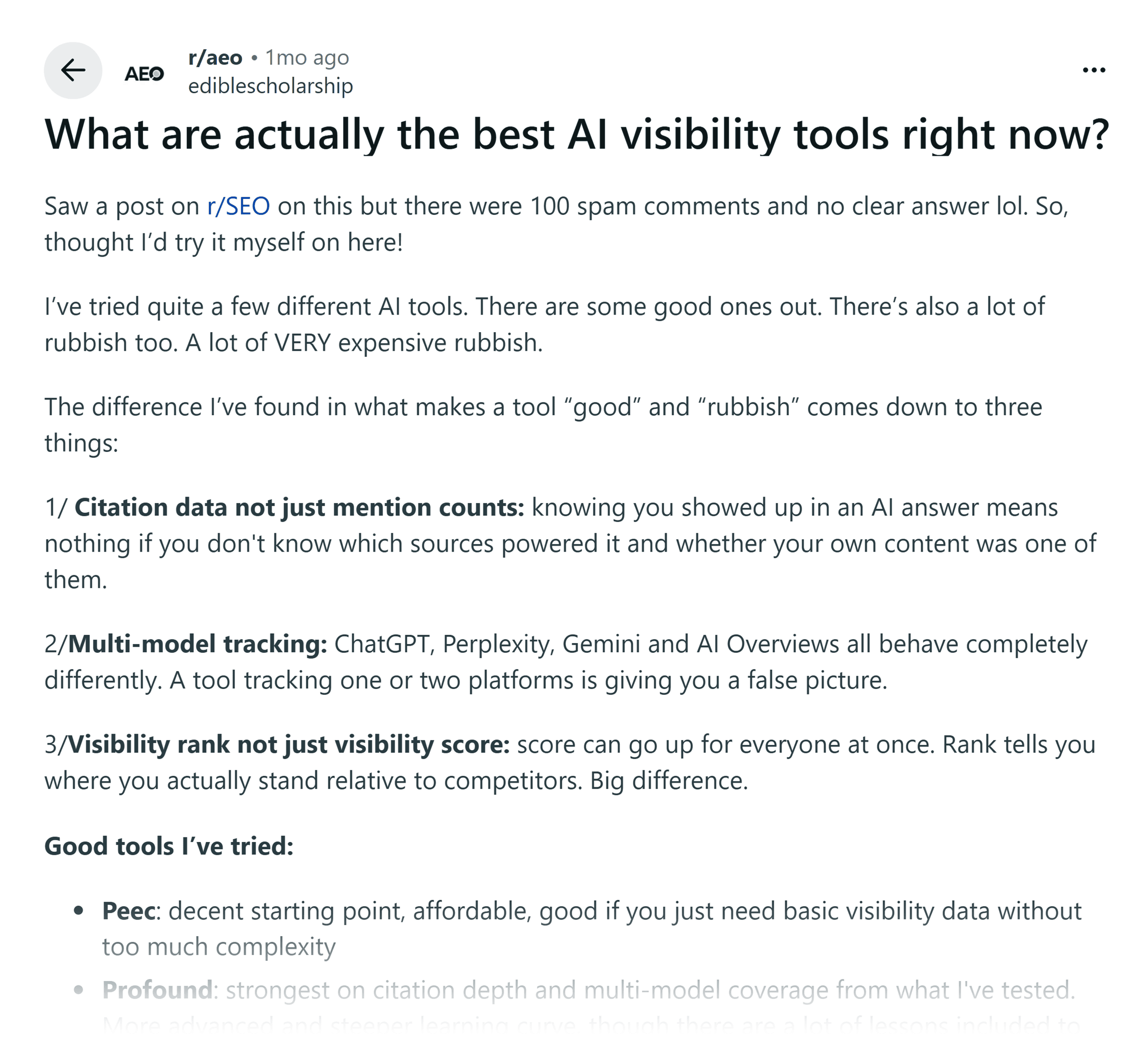 Reddit – AEO – Best AI visibility tools Reddit – AEO – Best AI visibility tools