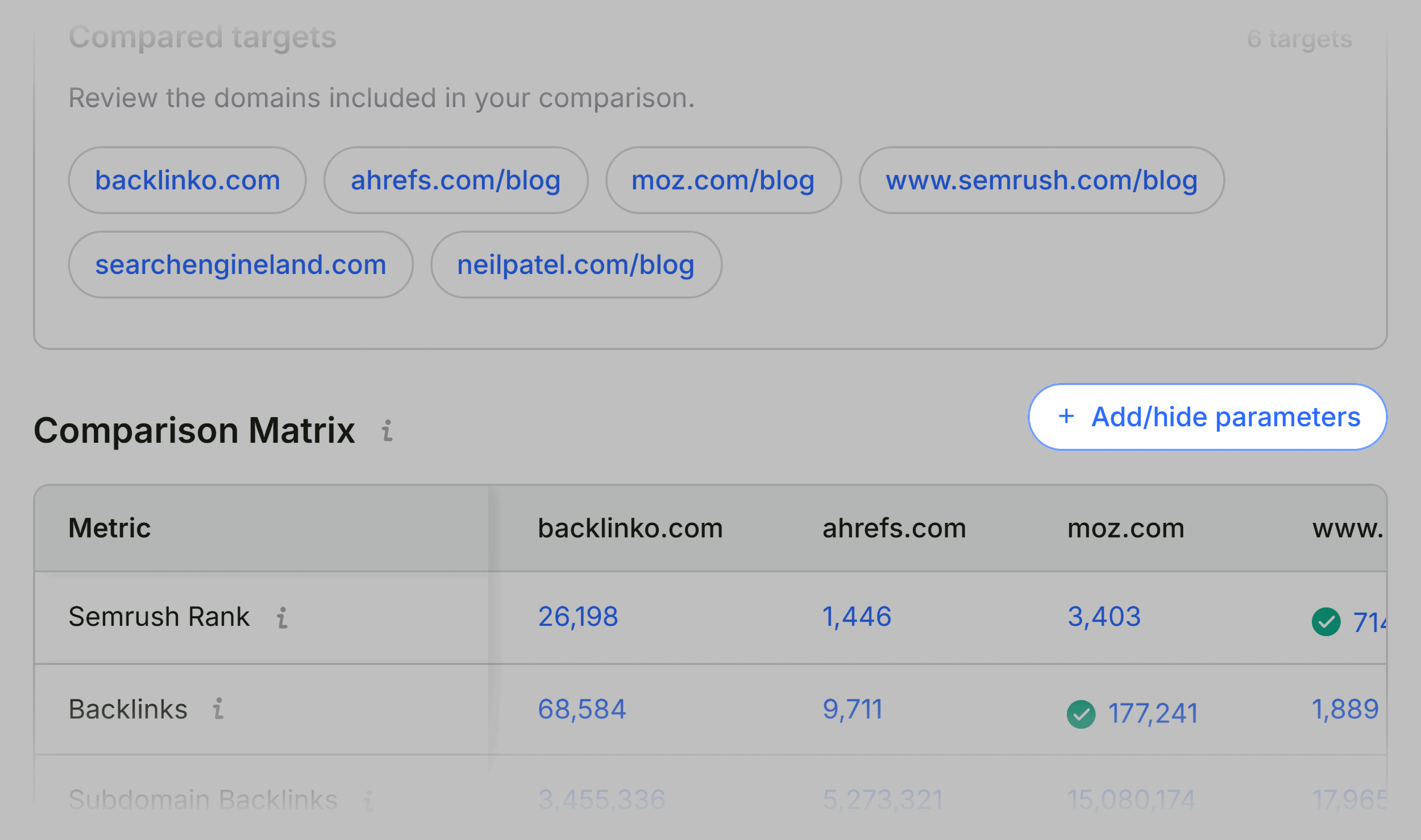 SEOQuake &ndash; Compare &ndash; Add parameters