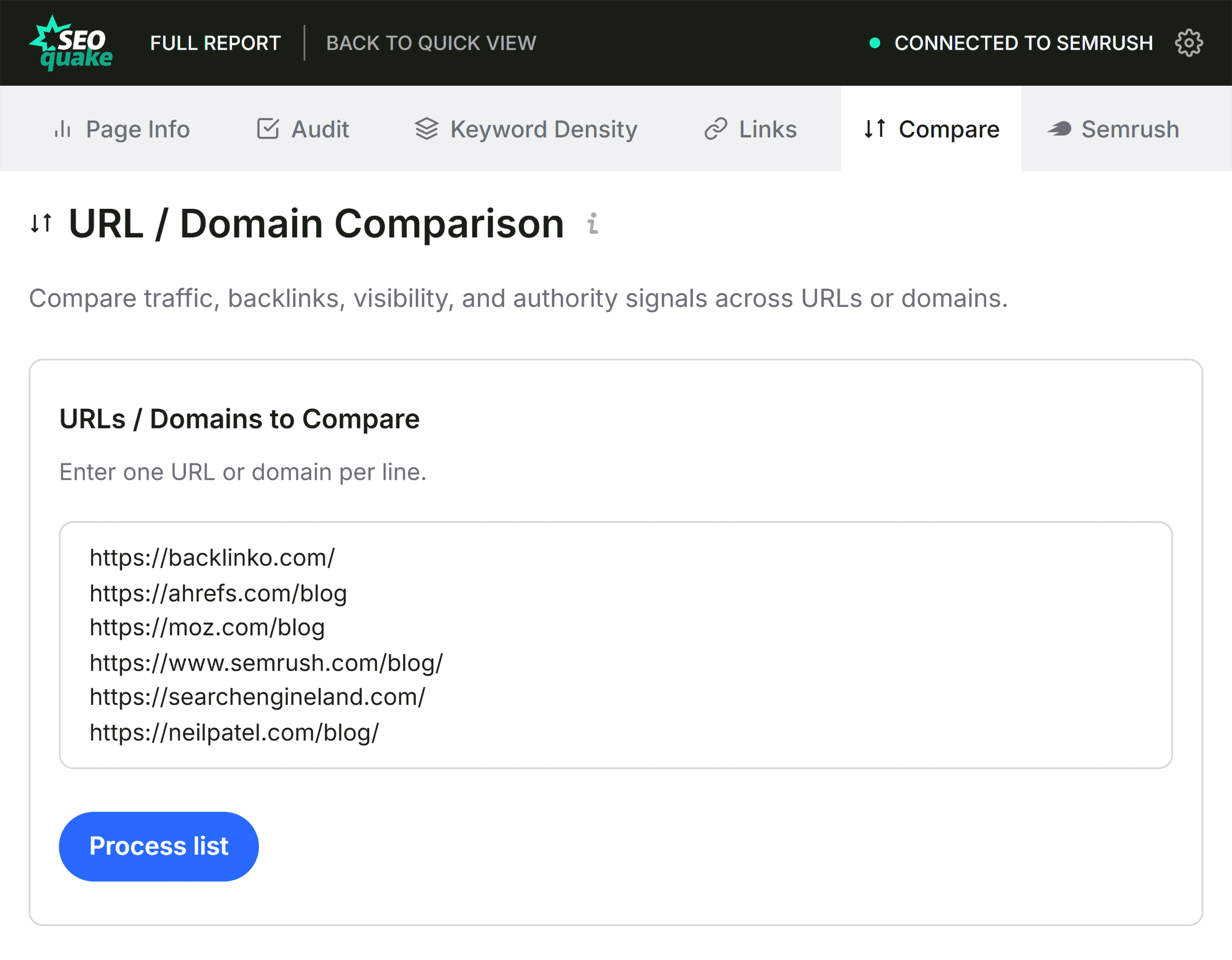 SEOQuake &ndash; Compare report