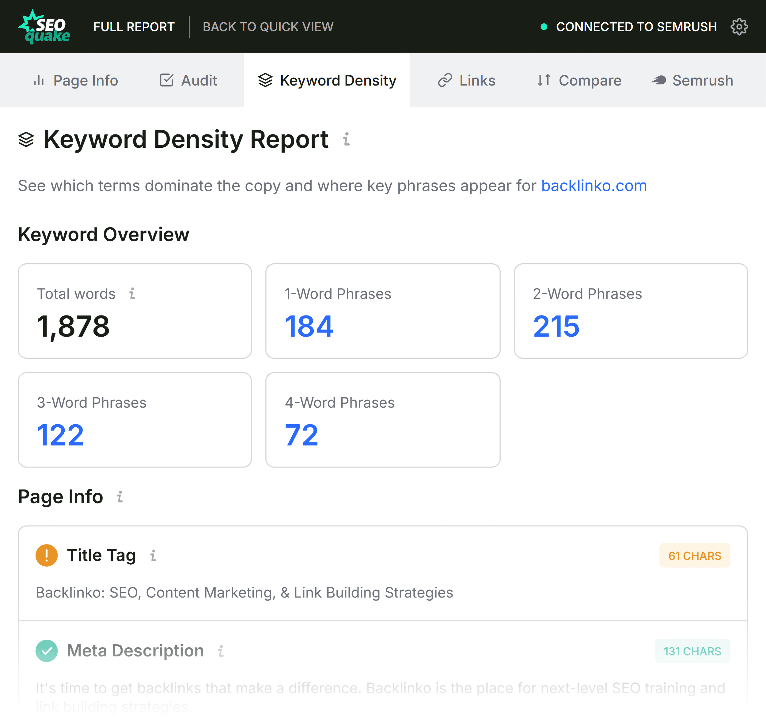 SEOQuake &ndash; Keyword Density report