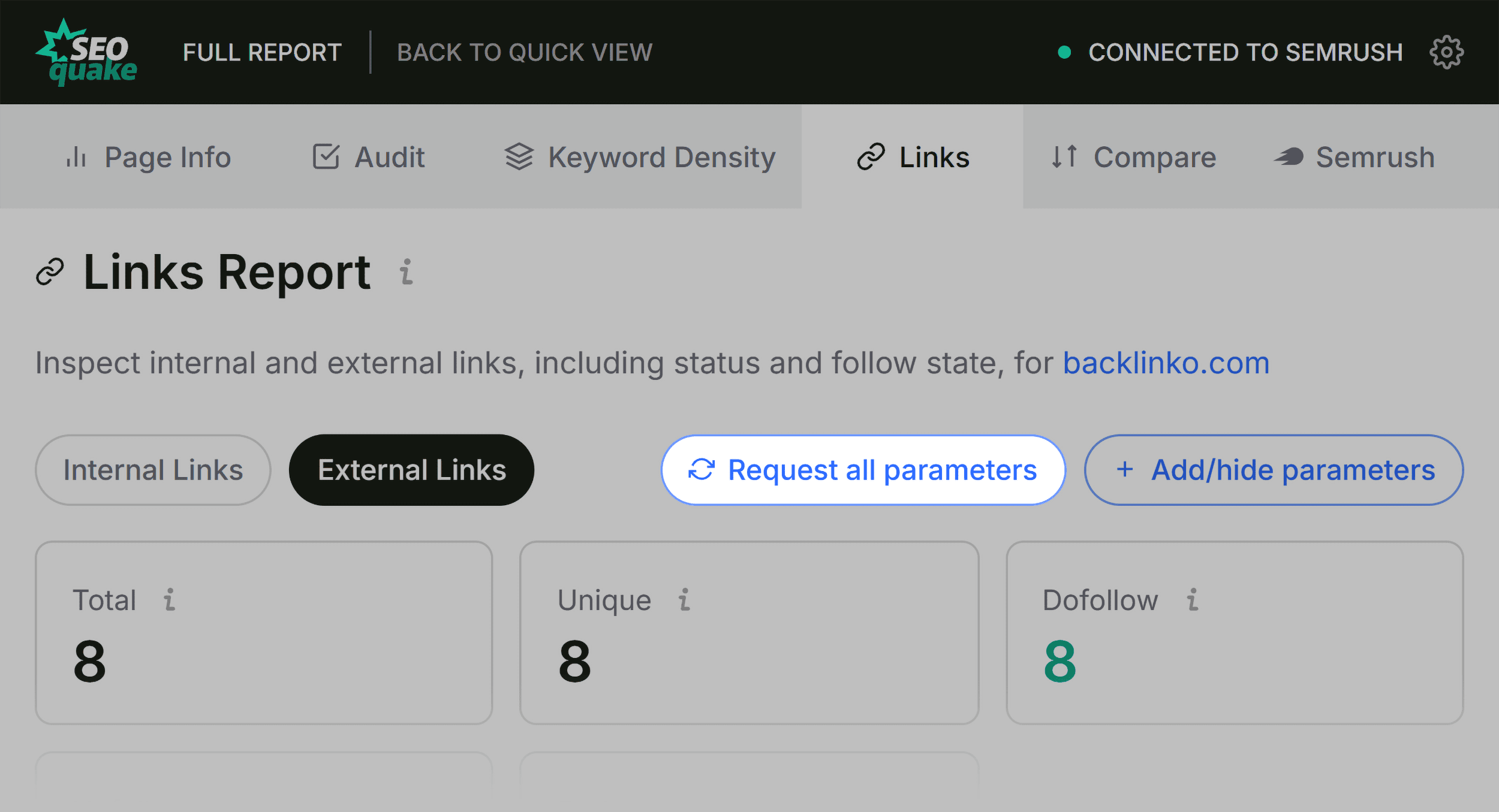 SEOQuake &ndash; Links &ndash; Request all parameters