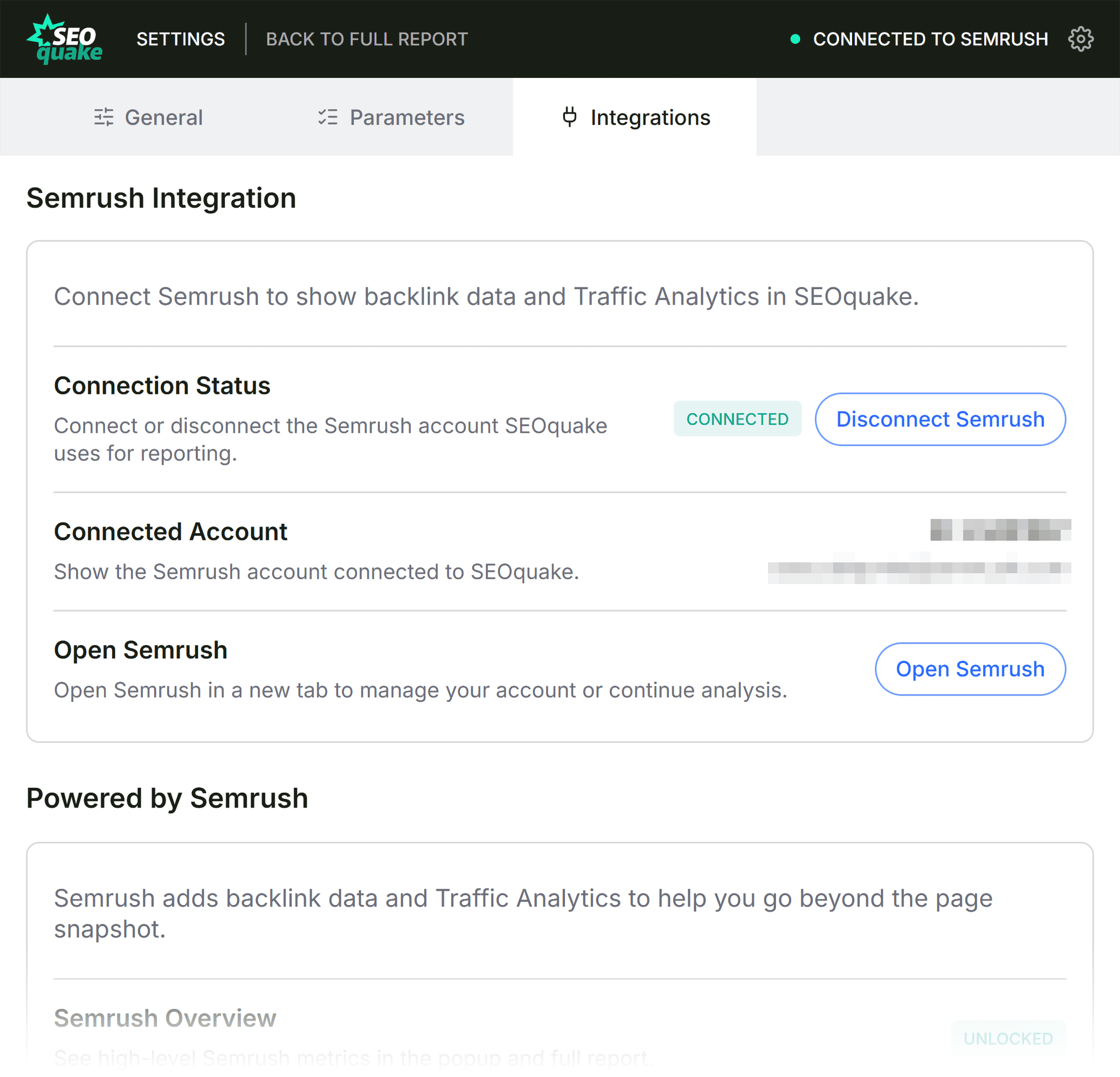 SEOQuake &ndash; Settings &ndash; Integrations