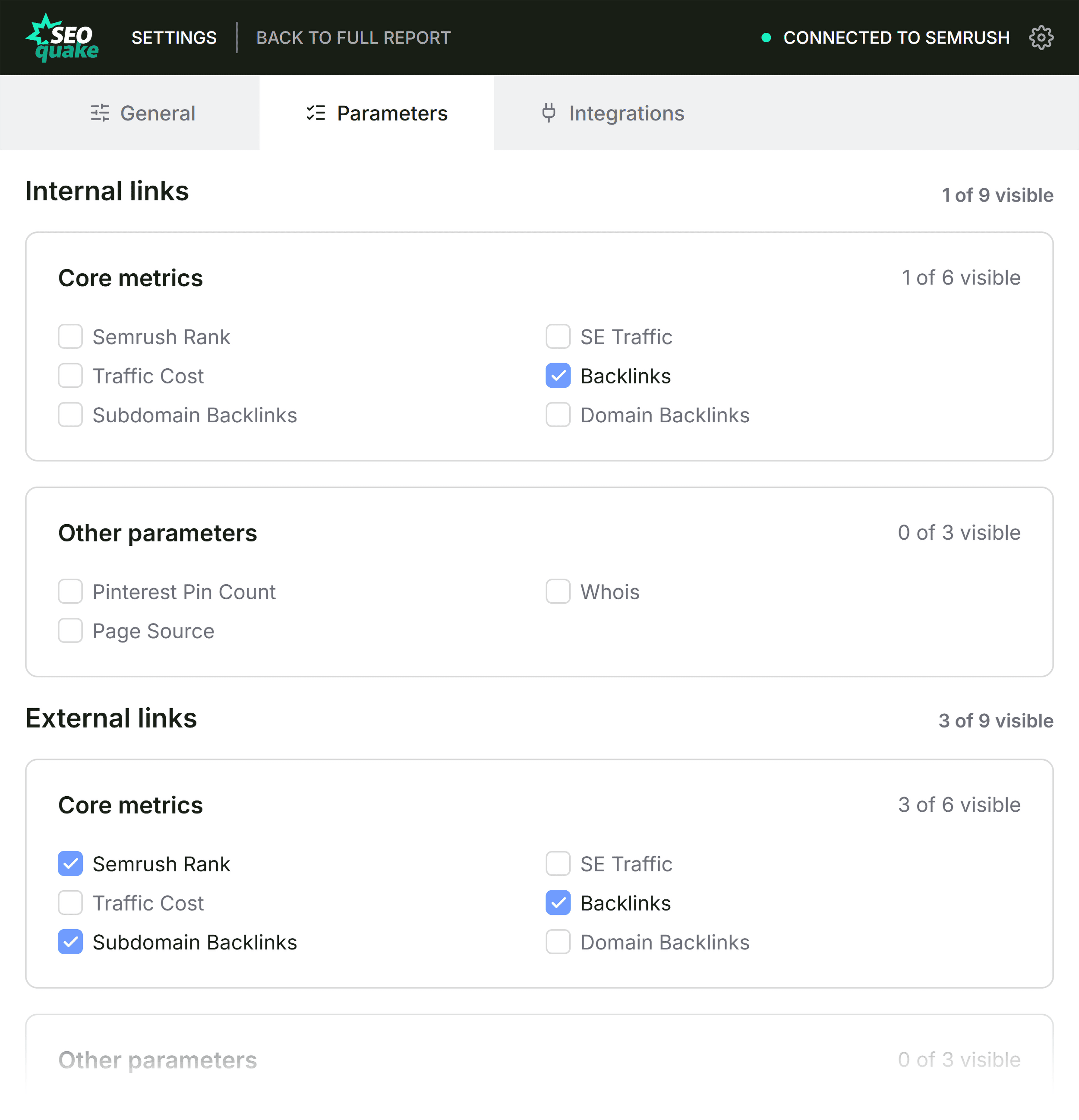 SEOQuake &ndash; Settings &ndash; Parameters