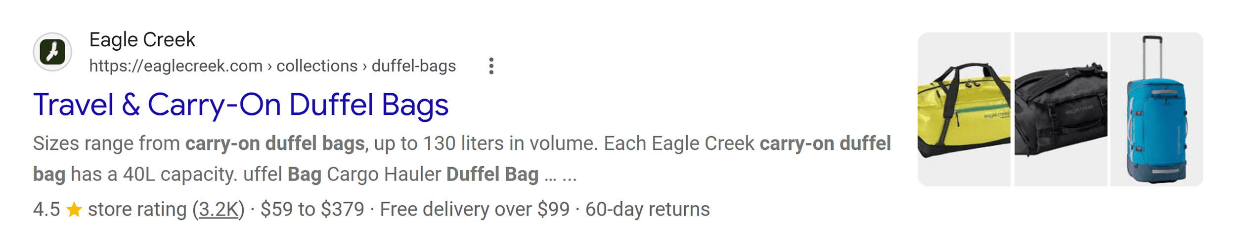 Google SERP &ndash; Duffel bag &ndash; Rich results