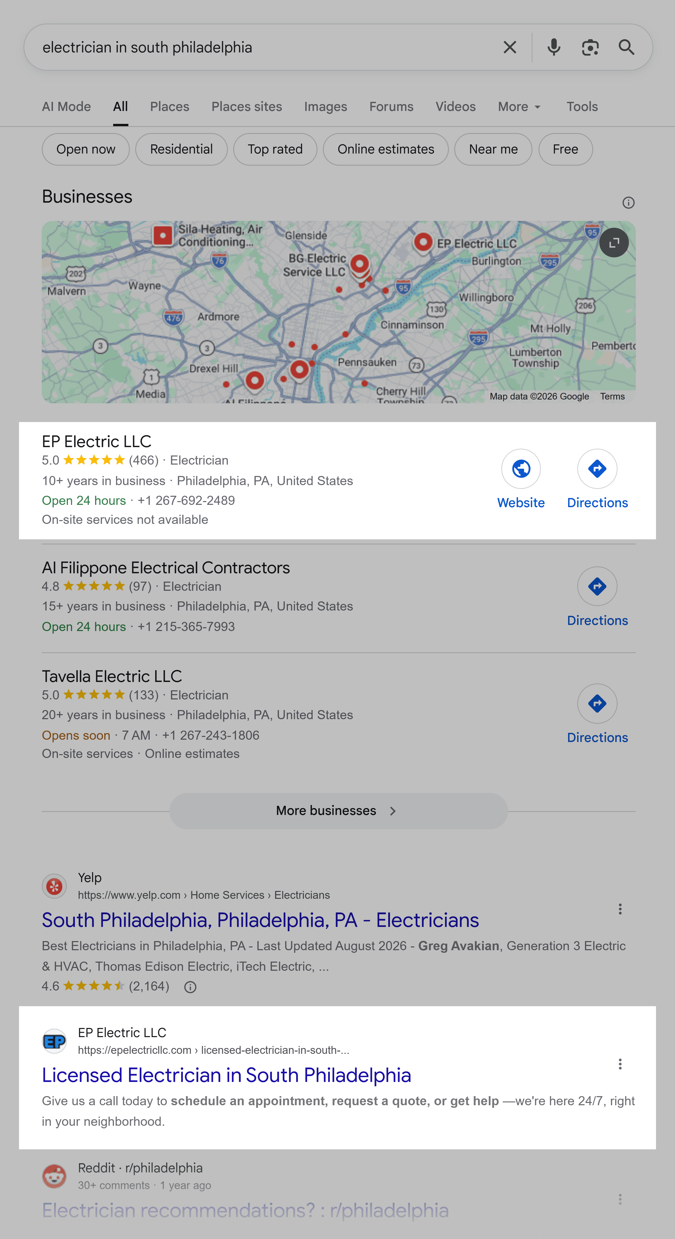 Google SERP &ndash; Electrician in South Philadelphia