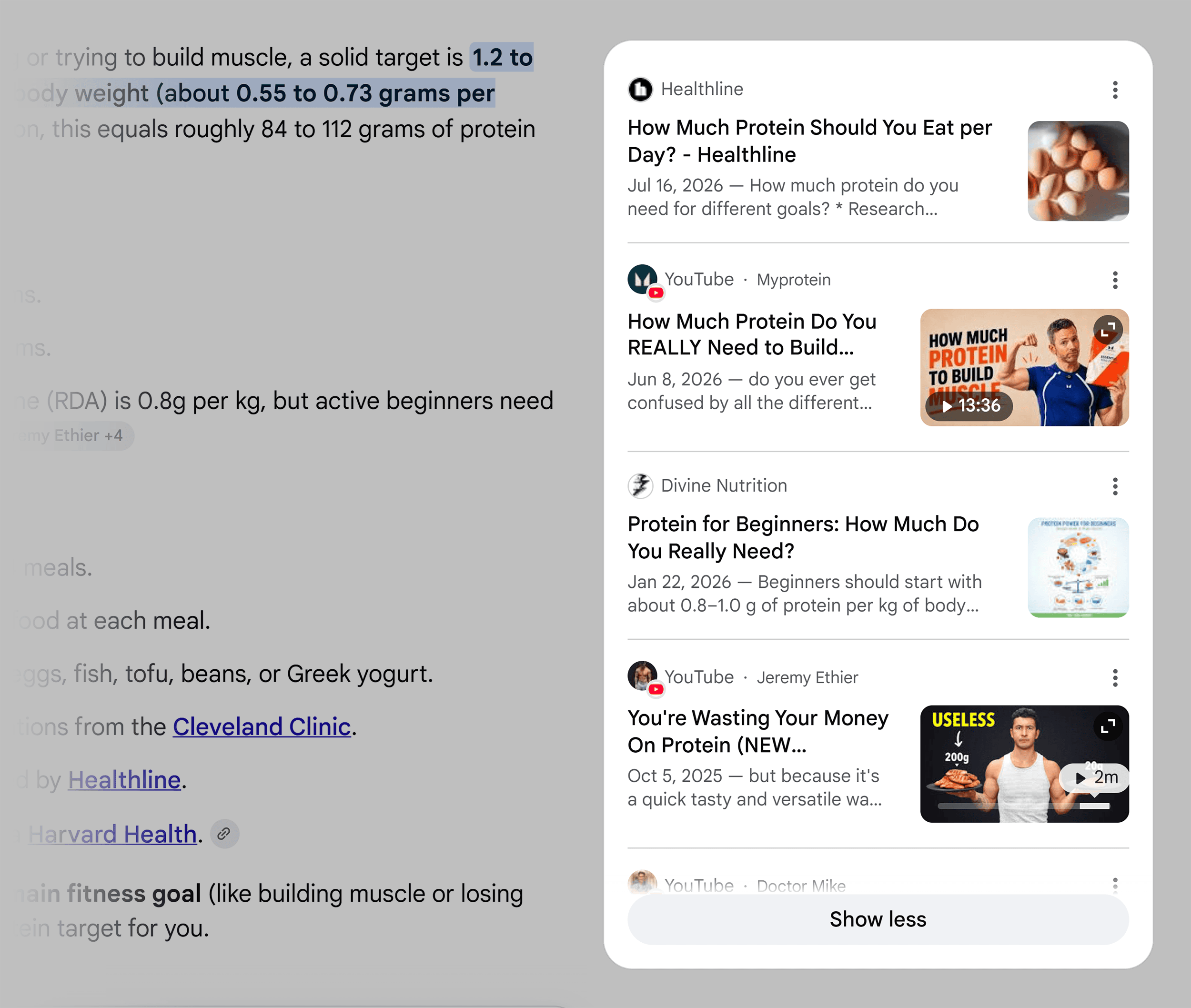 Google SERP &ndash; How much protein should a beginner take &ndash; AI Overview sources