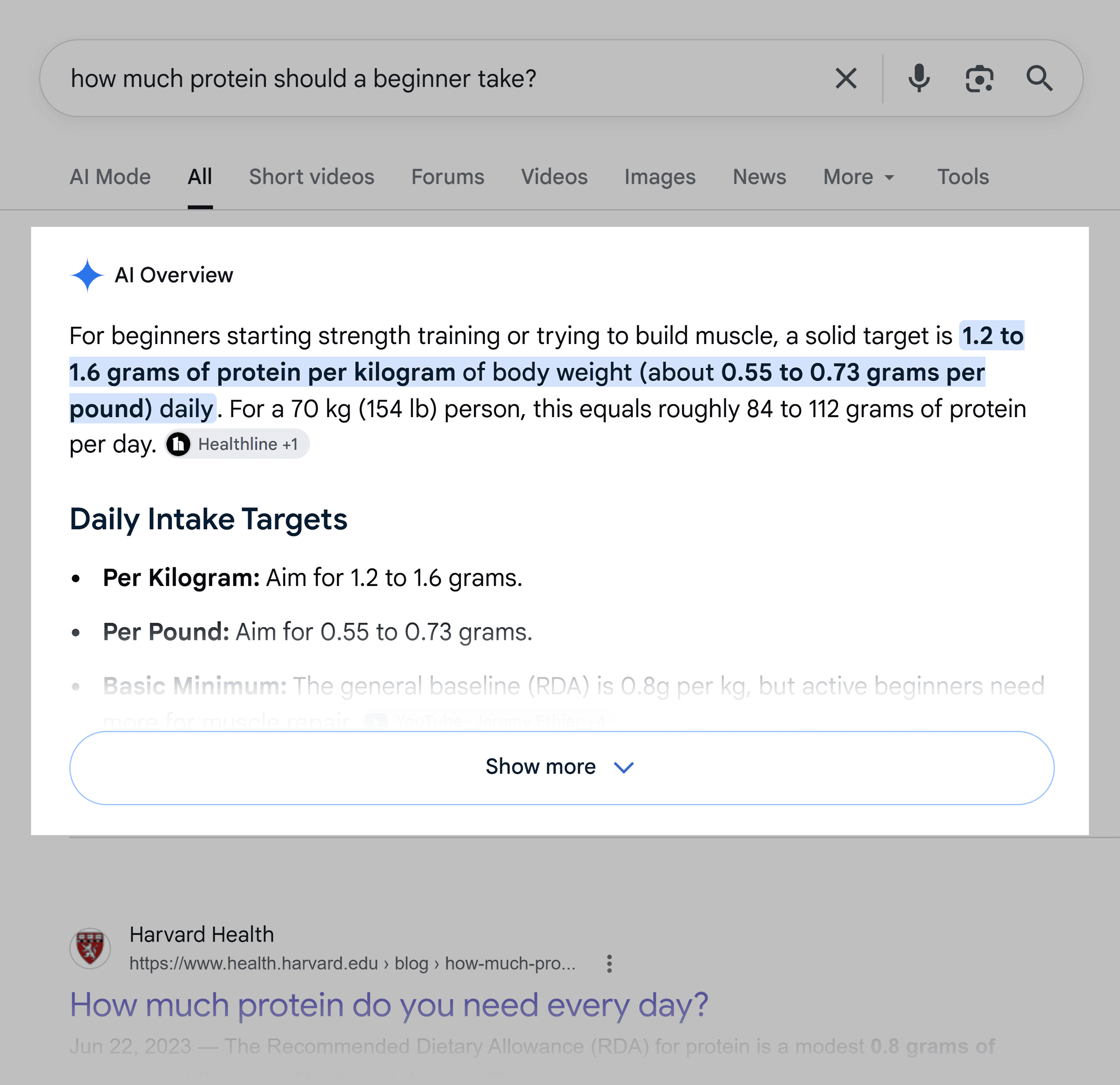 Google SERP &ndash; How much protein should a beginner take &ndash; AI Overview