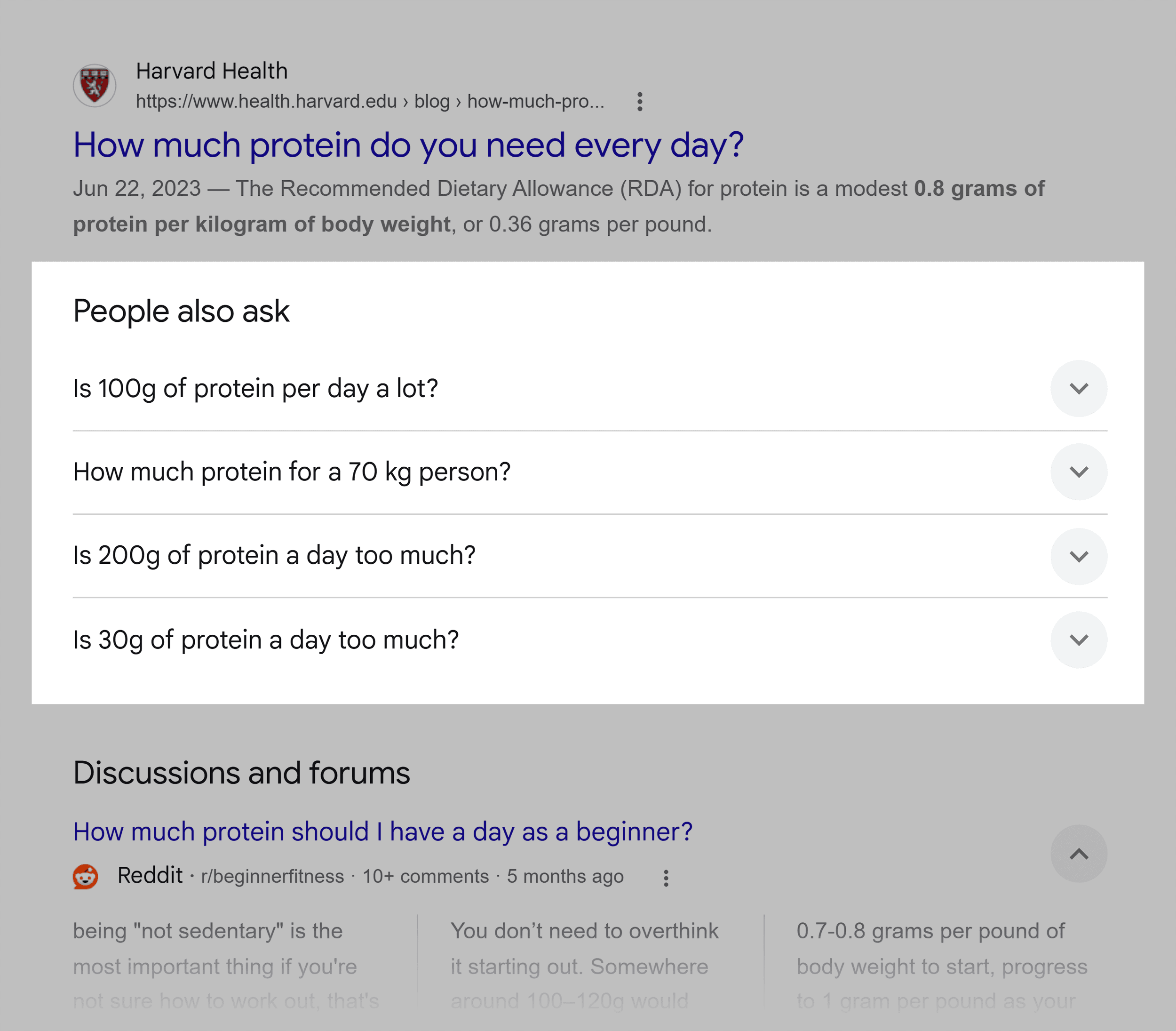 Google SERP &ndash; How much protein should a beginner take &ndash; PAA