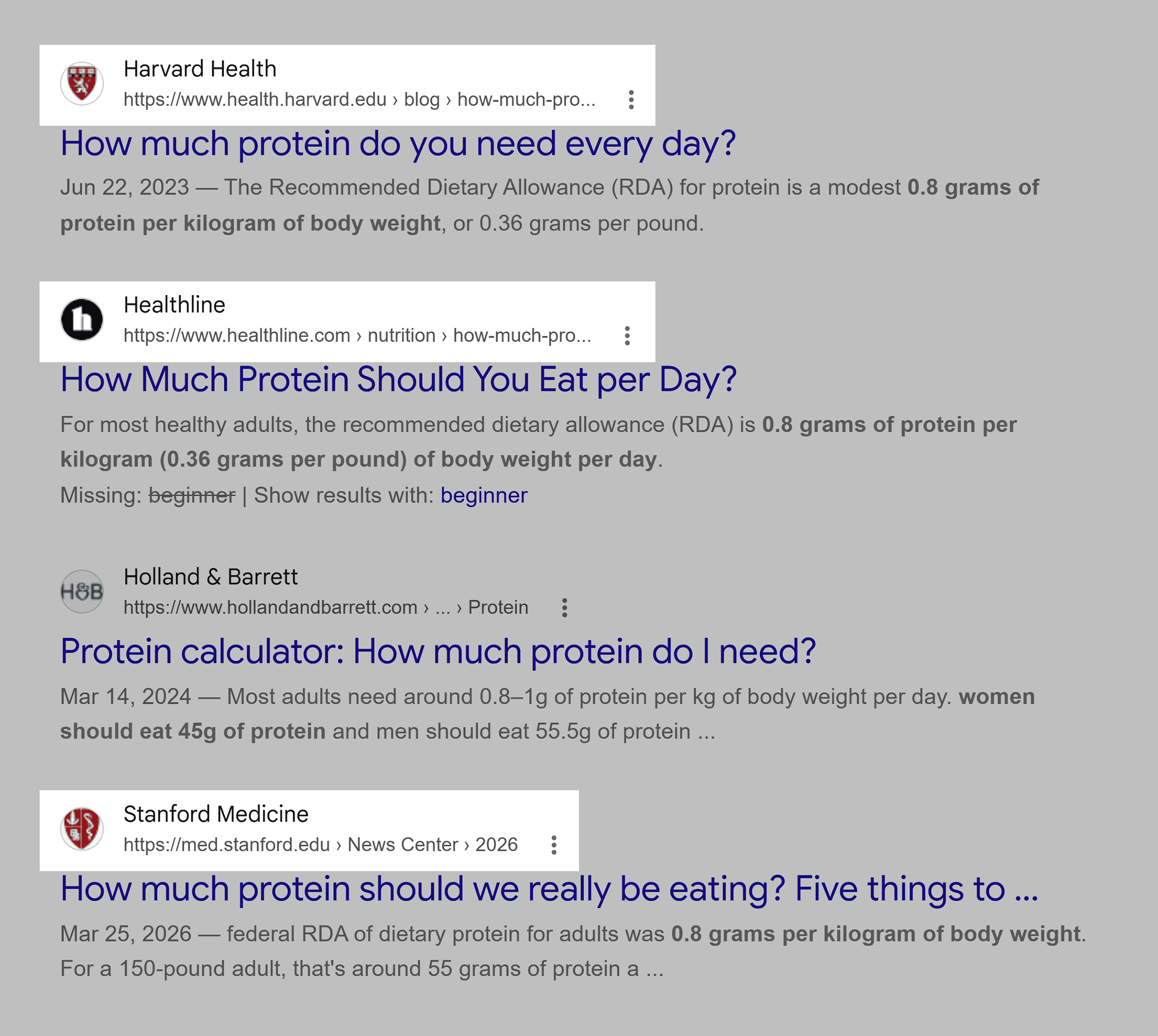 Google SERP &ndash; How much protein should a beginner take &ndash; Sources