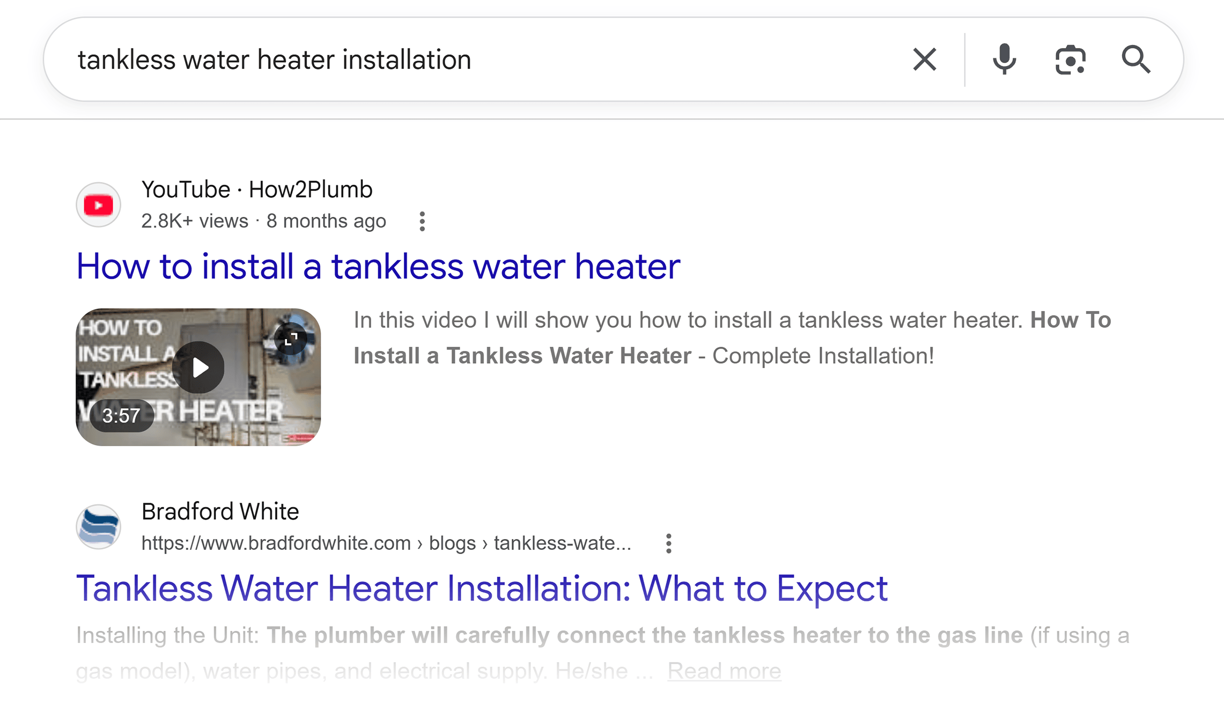 Google SERP &ndash; Tankless water heater installation videos