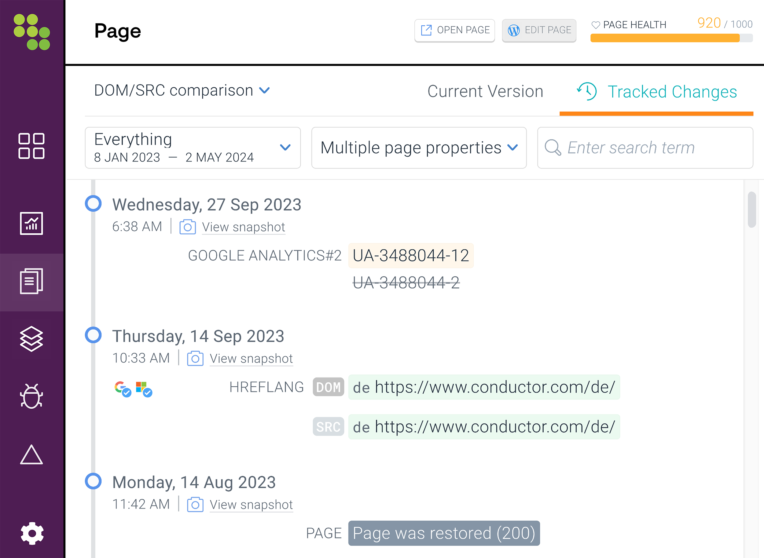 Conductor &ndash; Page tracking