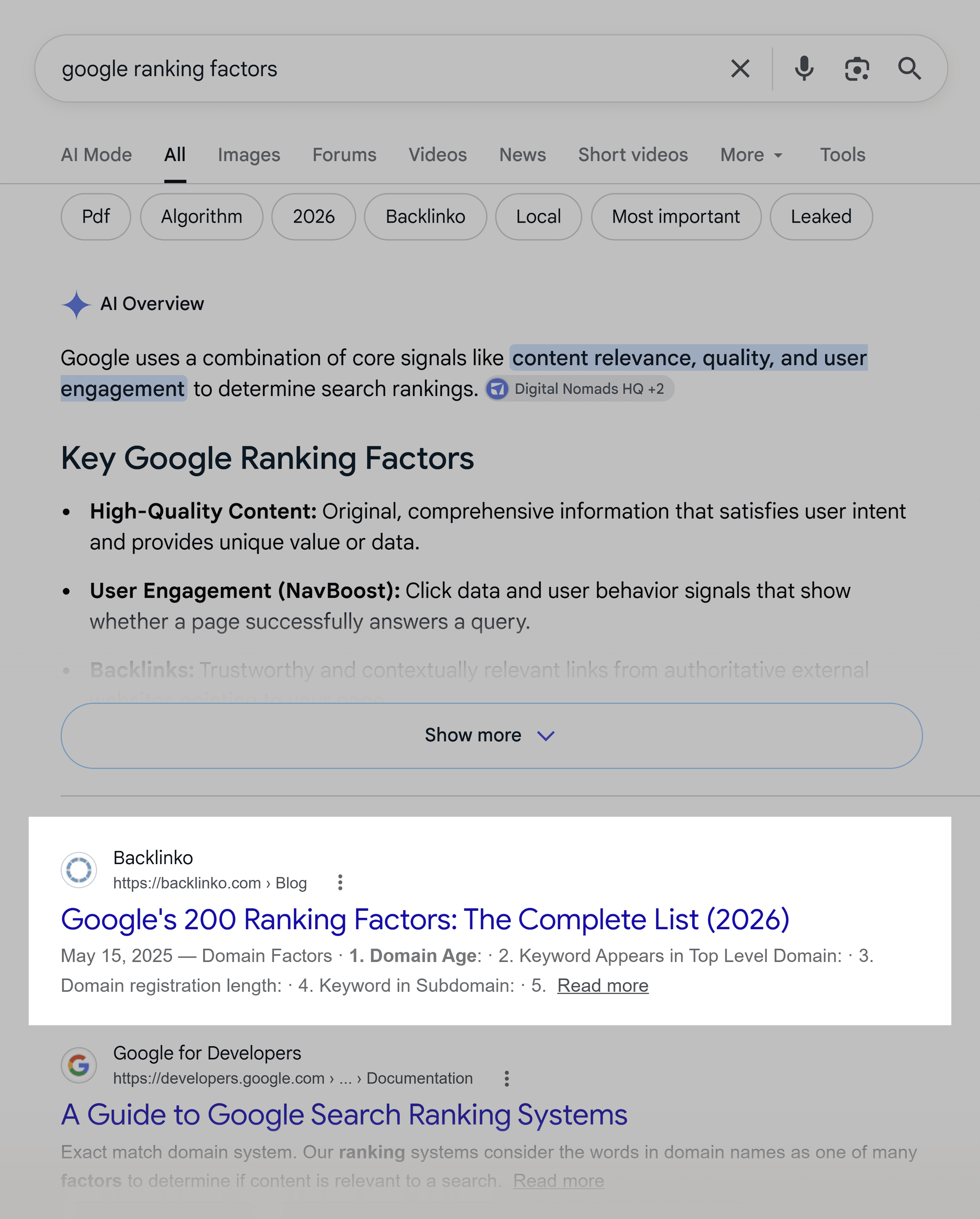 Google SERP &ndash; Google ranking factors