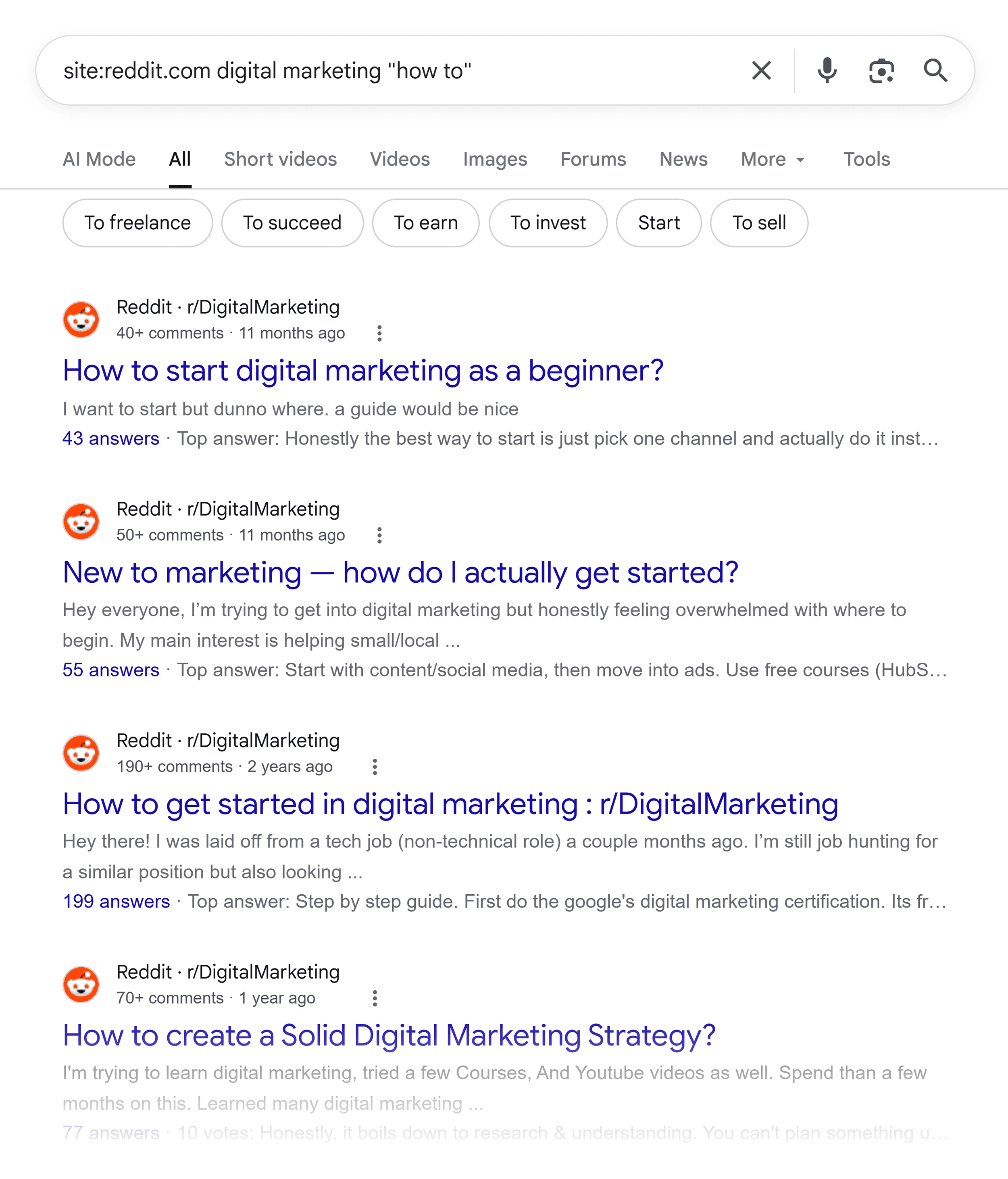 Google SERP &ndash; Reddit digital marketing