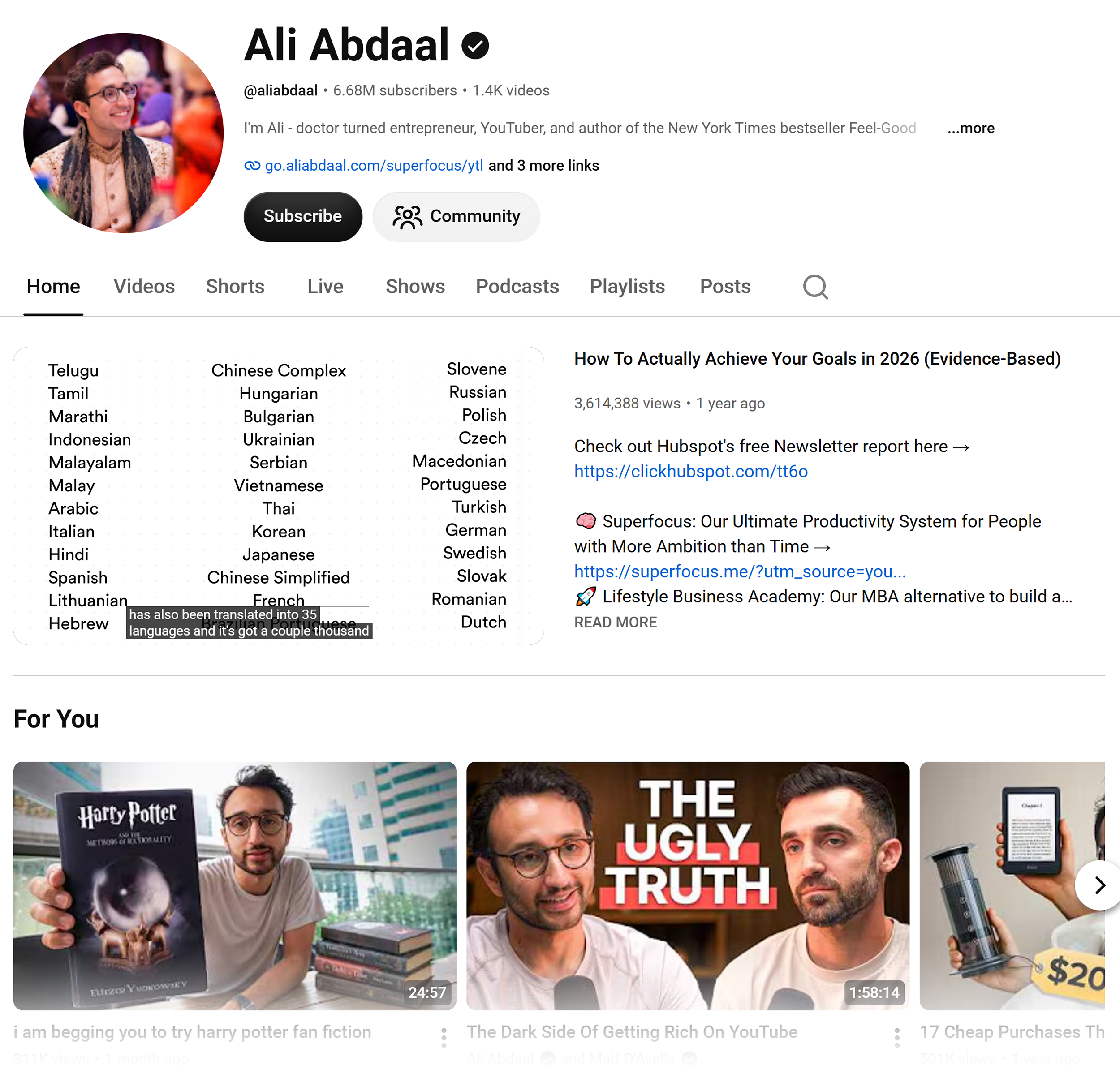 YouTube – Ali Abdaal channel YouTube – Ali Abdaal channel