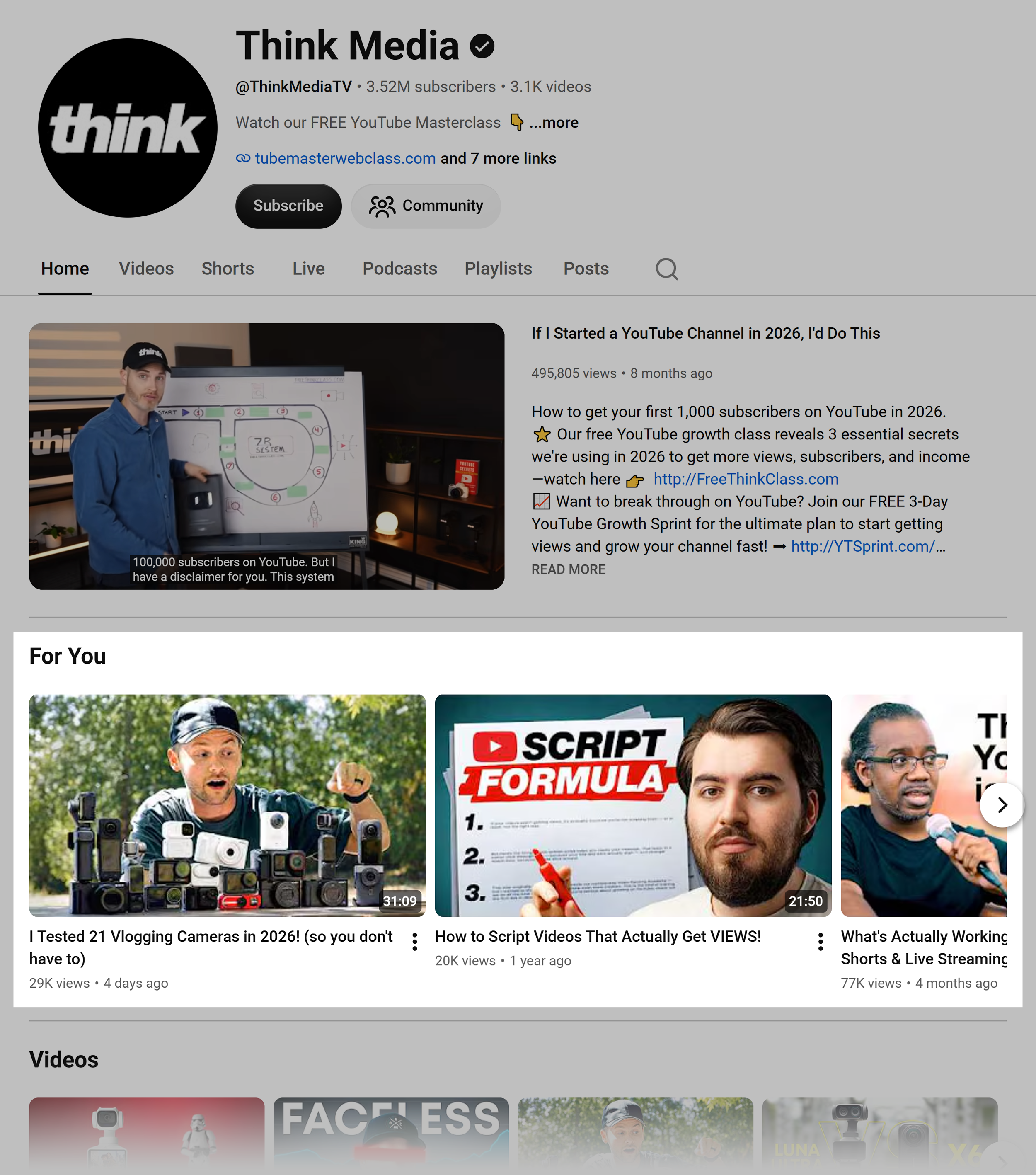 YouTube – Think Media – “For You” section YouTube – Think Media – "For You" section