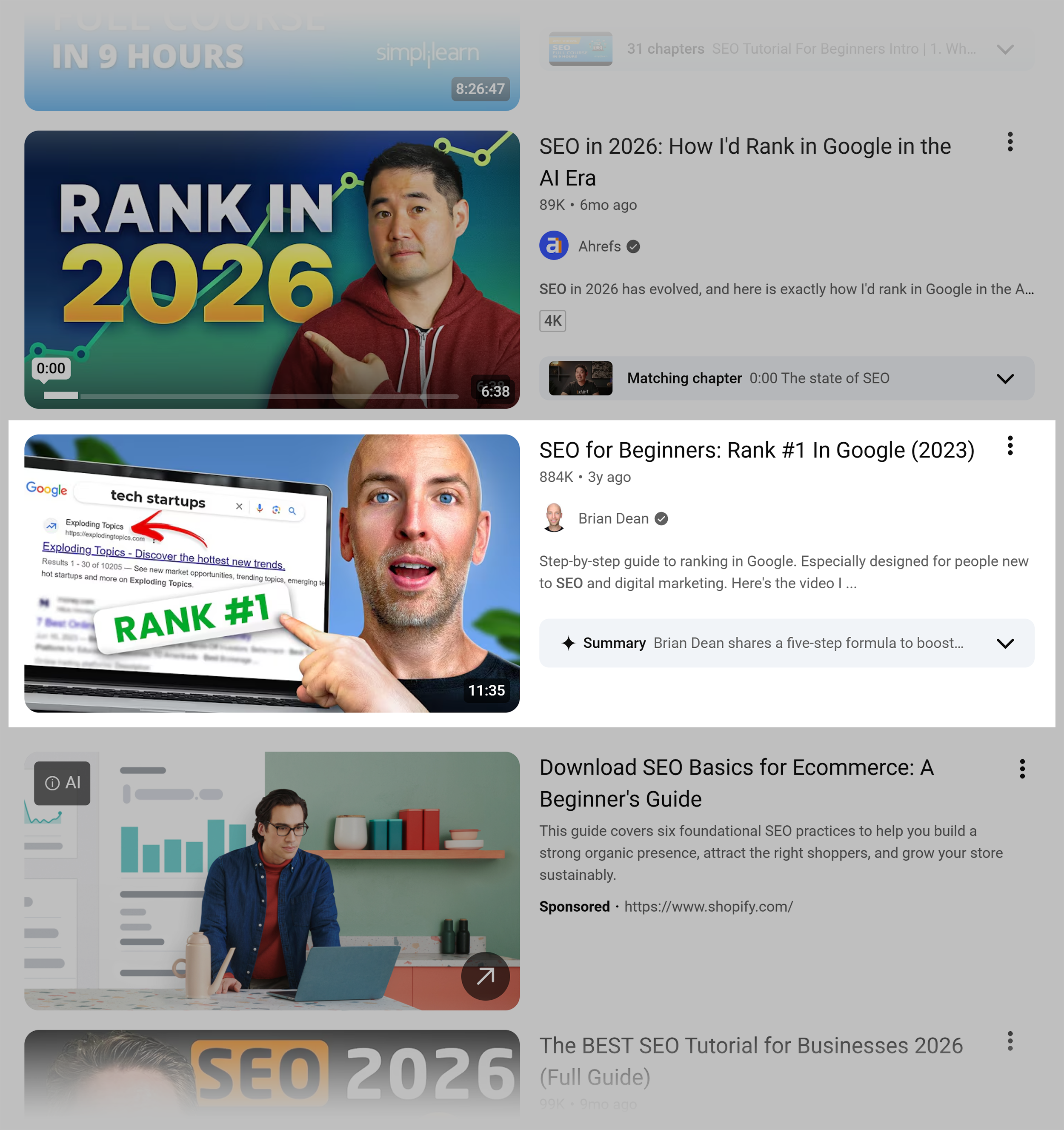 Brian Dean's video in YouTube search