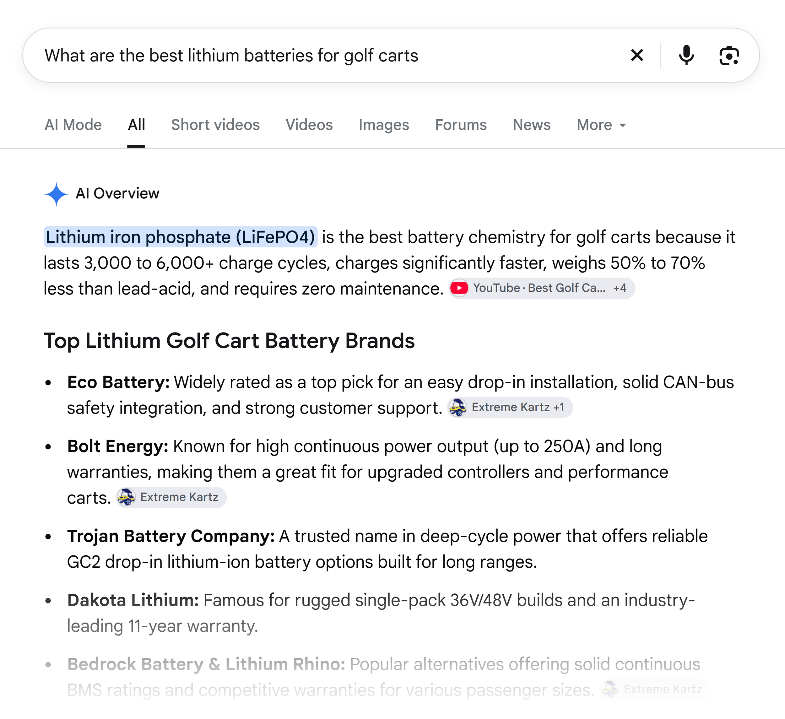Google SERP &ndash; Golf cart lithium batteries &ndash; AI Overview