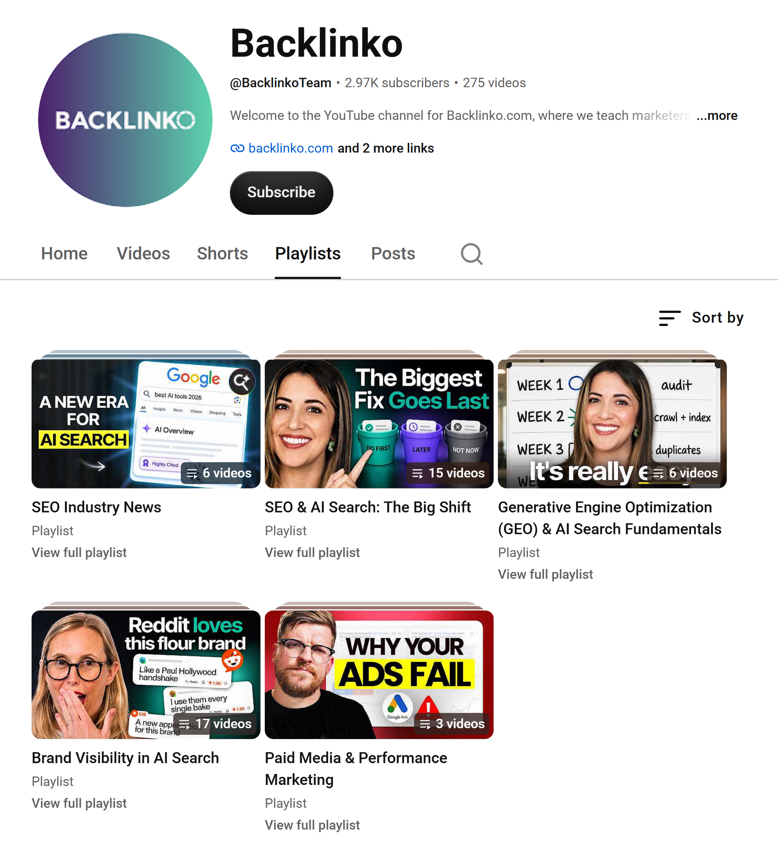 Playlists on Backlinko YouTube channel